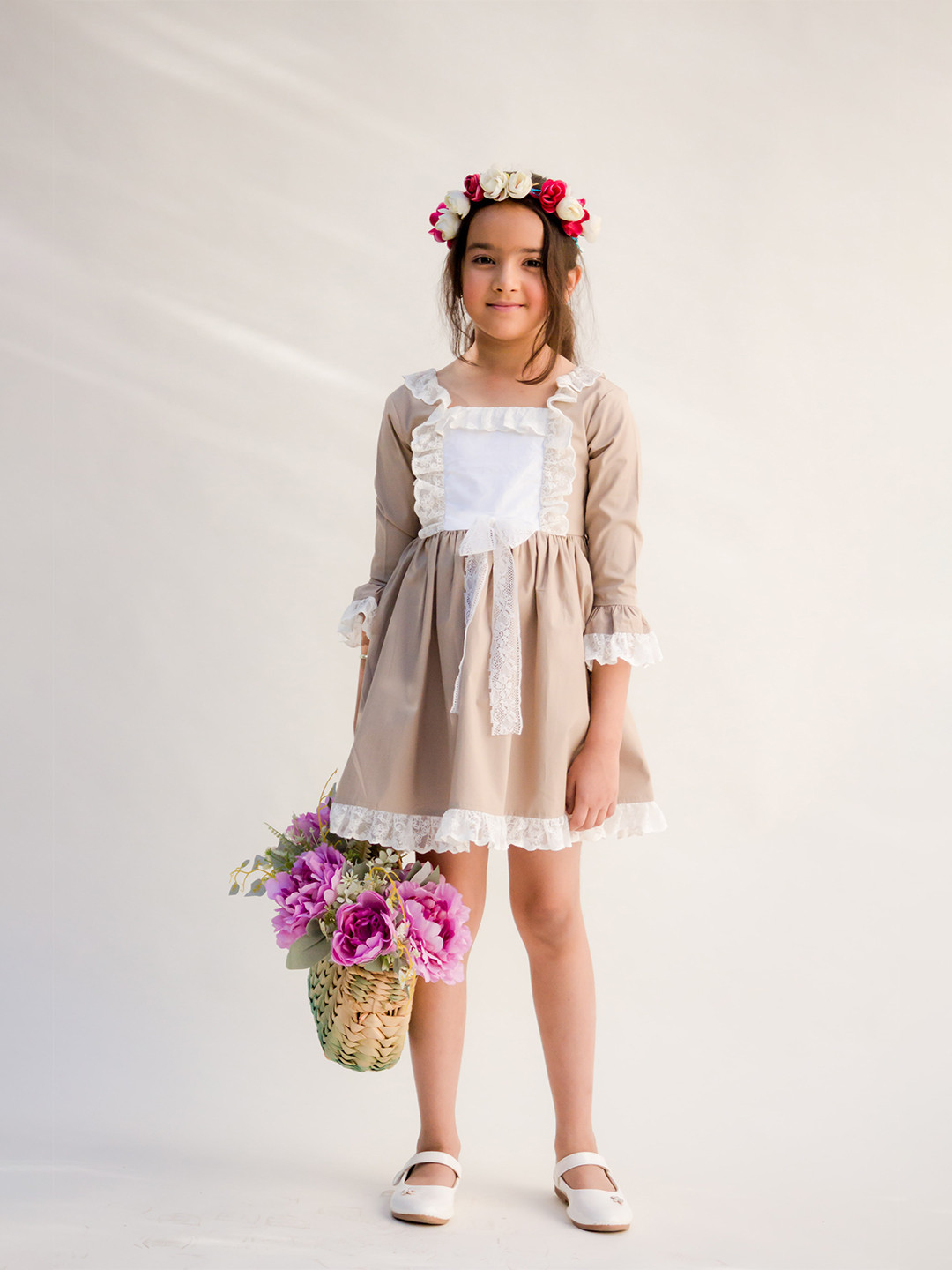 

Jungleebilli Girl Beige Floral Square Neck Fit and Flare Dress