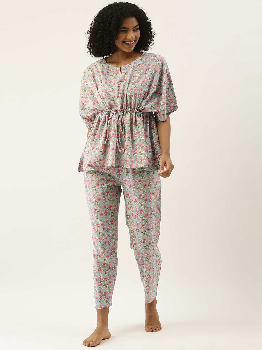 

SANSKRUTIHOMES Women Blue & Pink Printed Cotton Pyjama Set