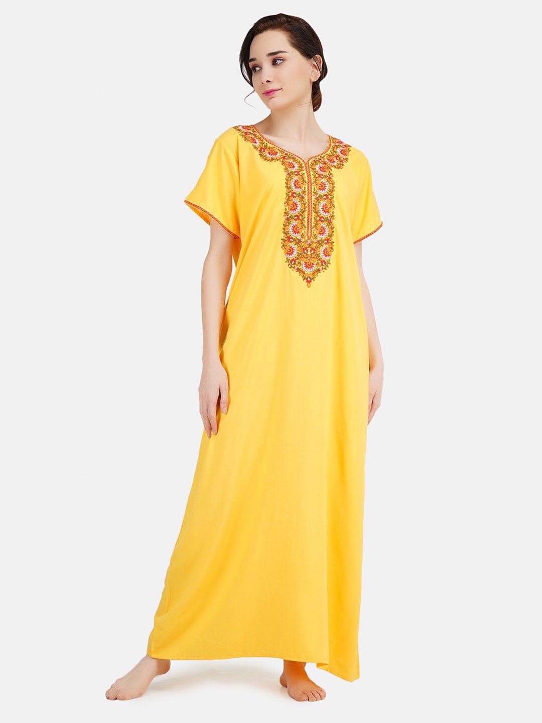

KOI SLEEPWEAR Yellow Embroidered Lissybissy Cotton Maxi Nightdress