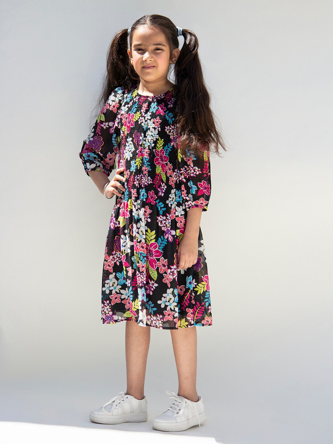 

Jungleebilli Black Floral Georgette A-Line Smocked Midi Dress