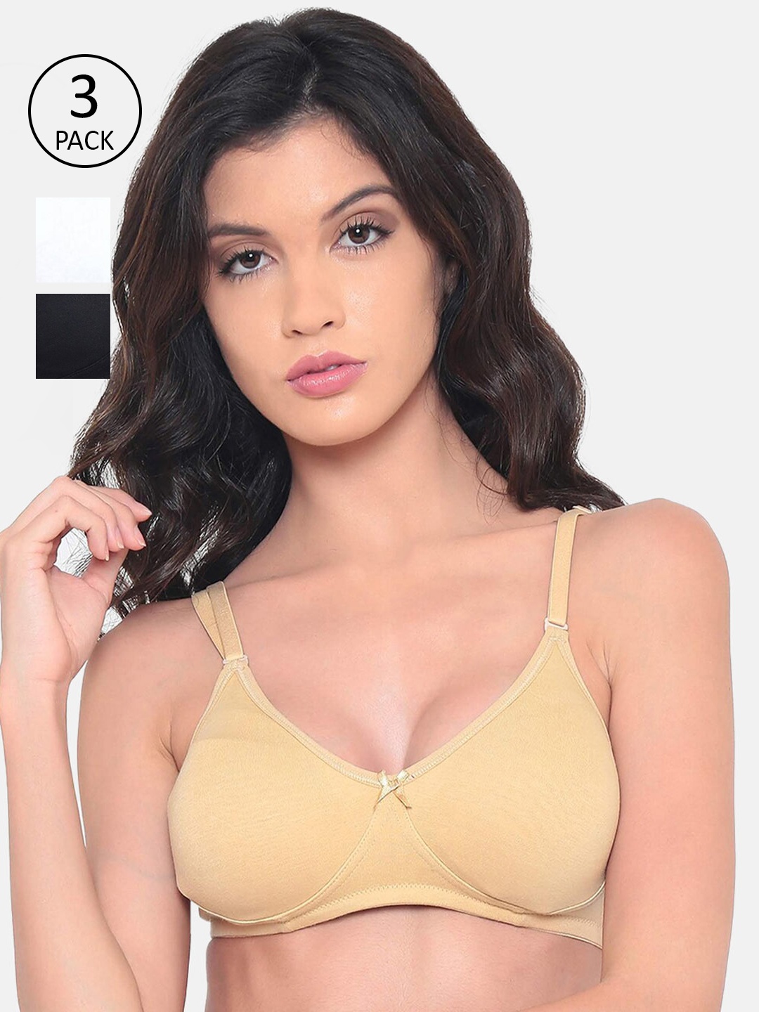 

laavian Pack of 3 Solid Non-Padded Non-Wired T-Shirt Bra, Beige