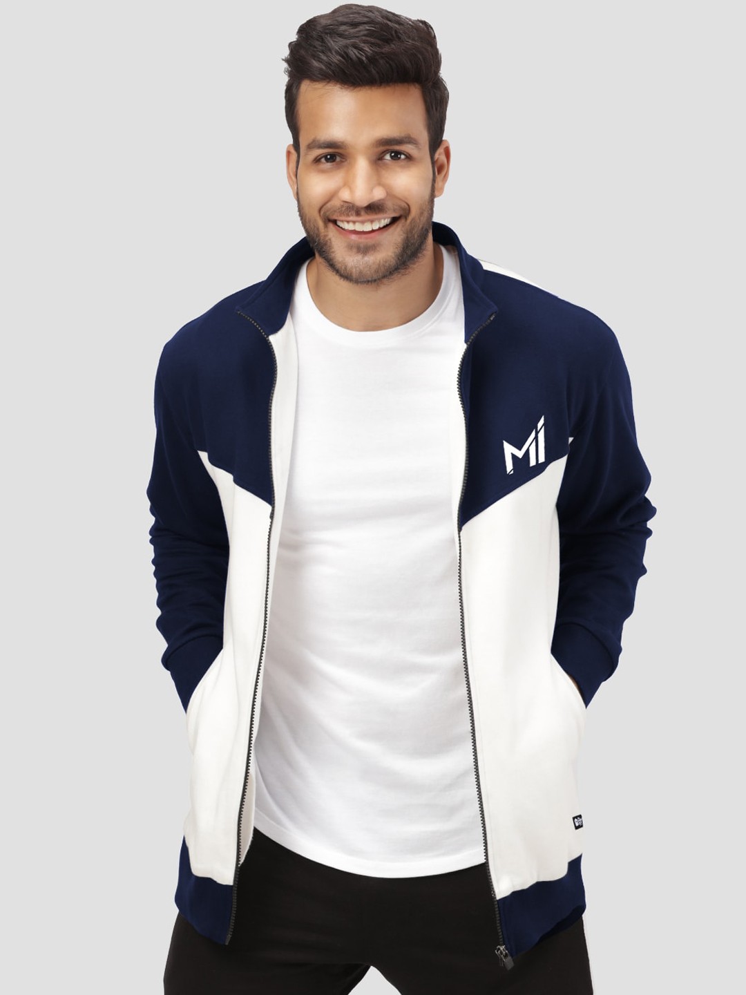

The Souled Store Men Navy Blue & White MI Logo Pure Cotton Bomber Jacket