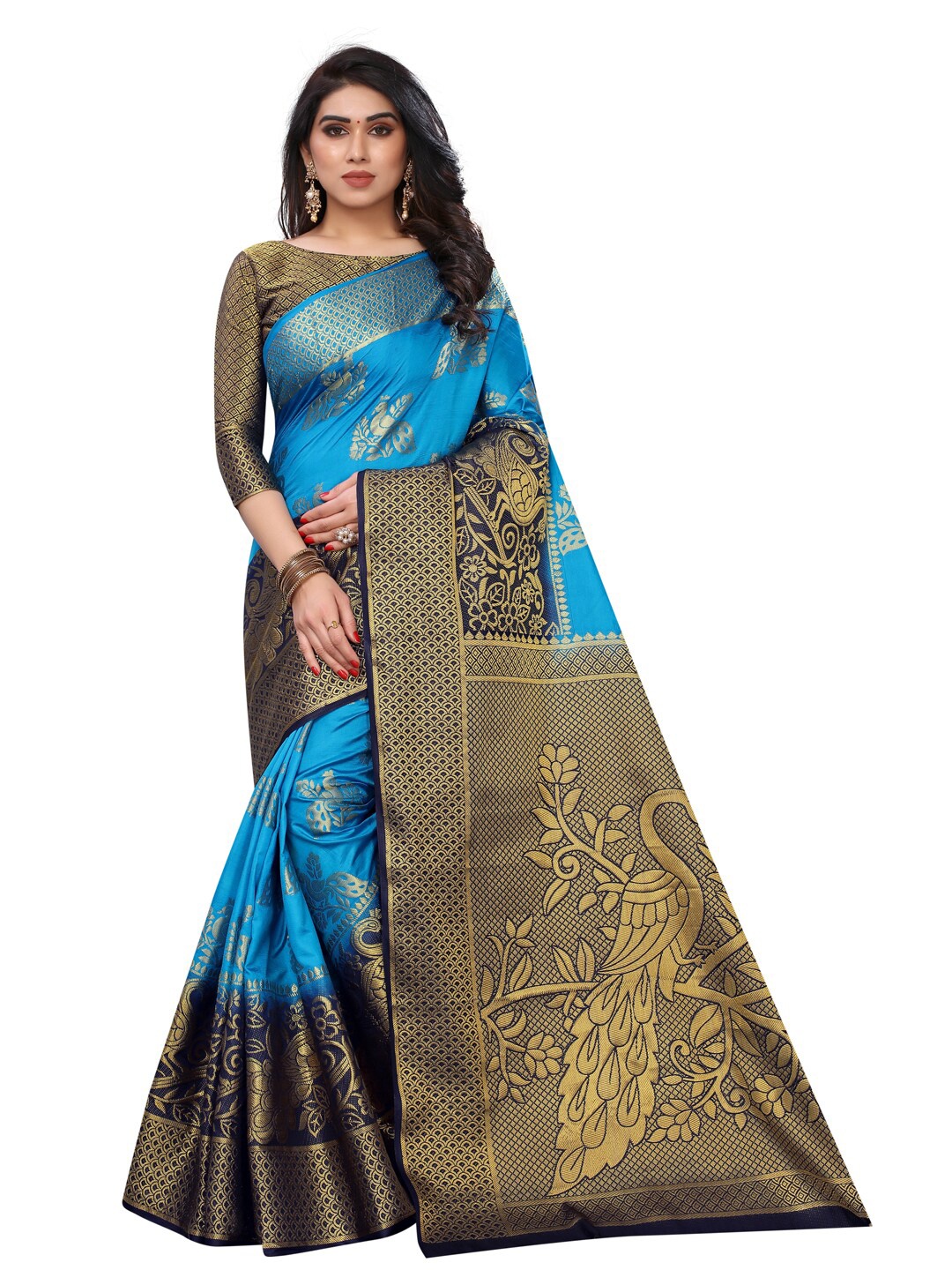 

PERFECT WEAR Navy Blue & Gold-Toned Zari Silk Cotton Banarasi Saree