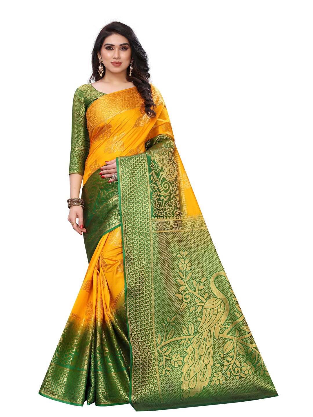 

PERFECT WEAR Yellow & Green Ethnic Motifs Zari Banarasi Saree