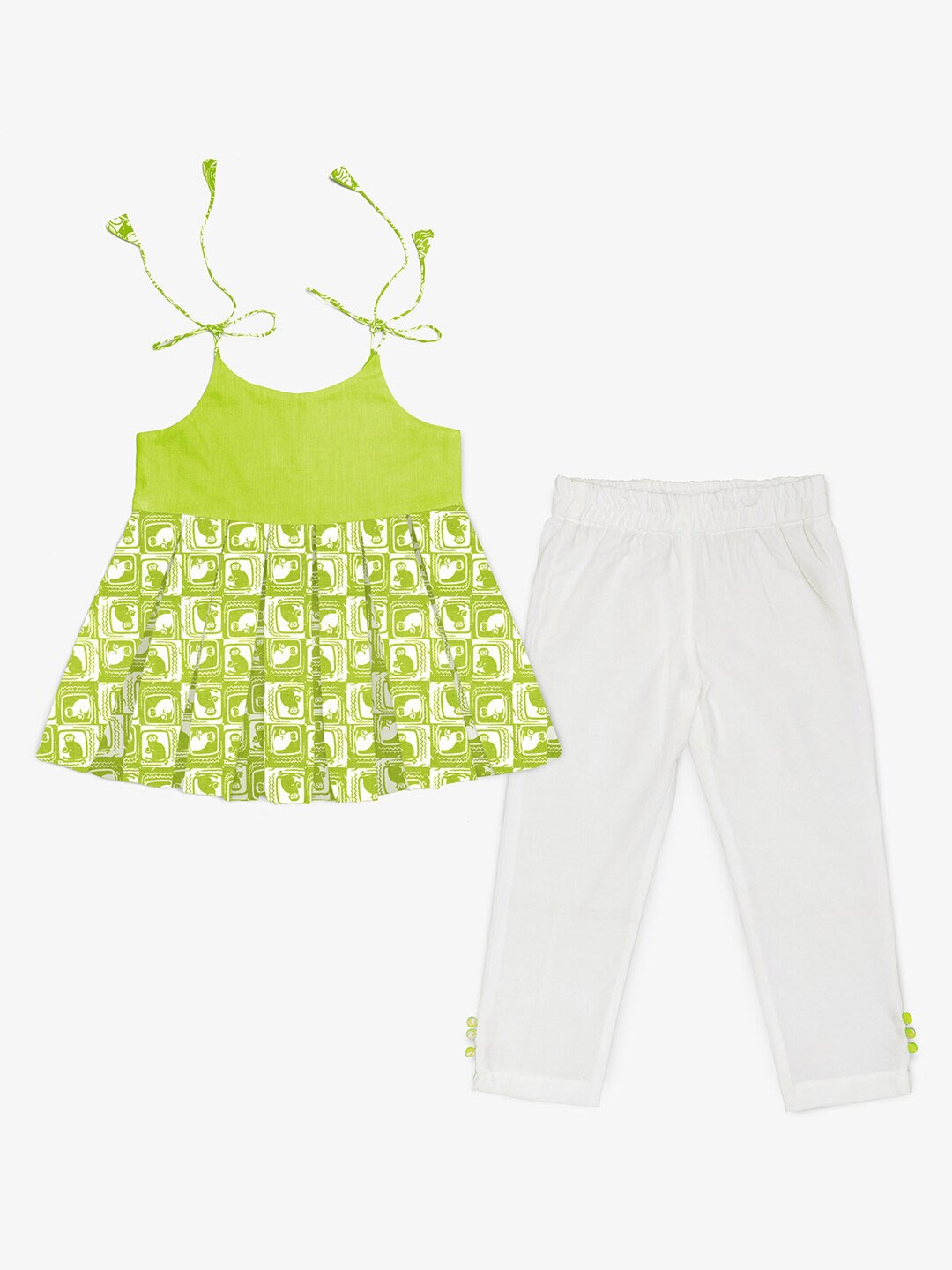 

STORY TAILOR Girls Green & White Printed Cotton Tunic with Trousers Clothing Set