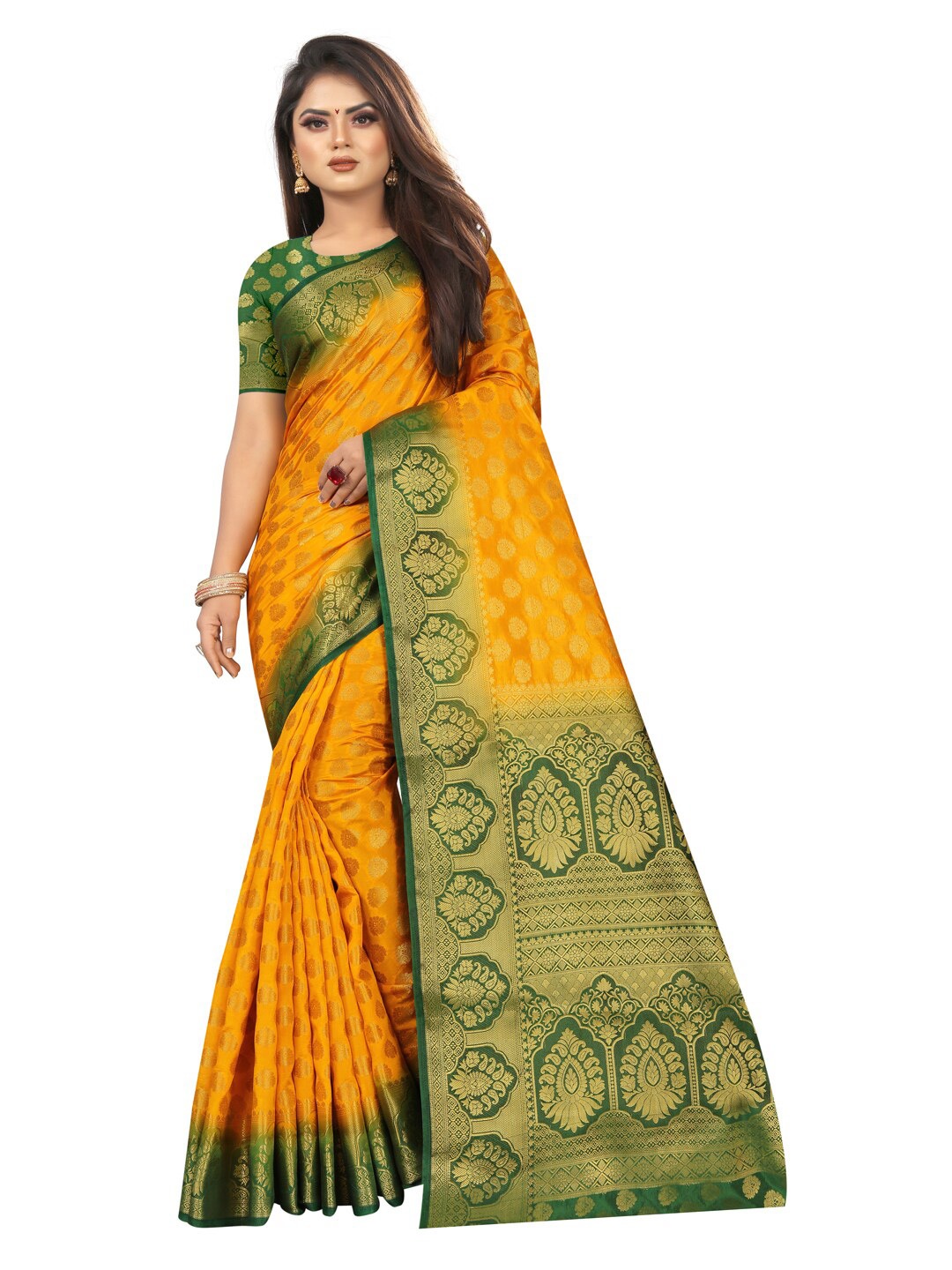 

PERFECT WEAR Orange & Green Ethnic Motifs Zari Silk Cotton Banarasi Saree