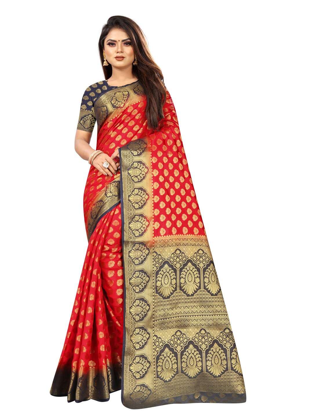 

PERFECT WEAR Red & Navy Blue Woven Design Zari Silk Cotton Banarasi Saree