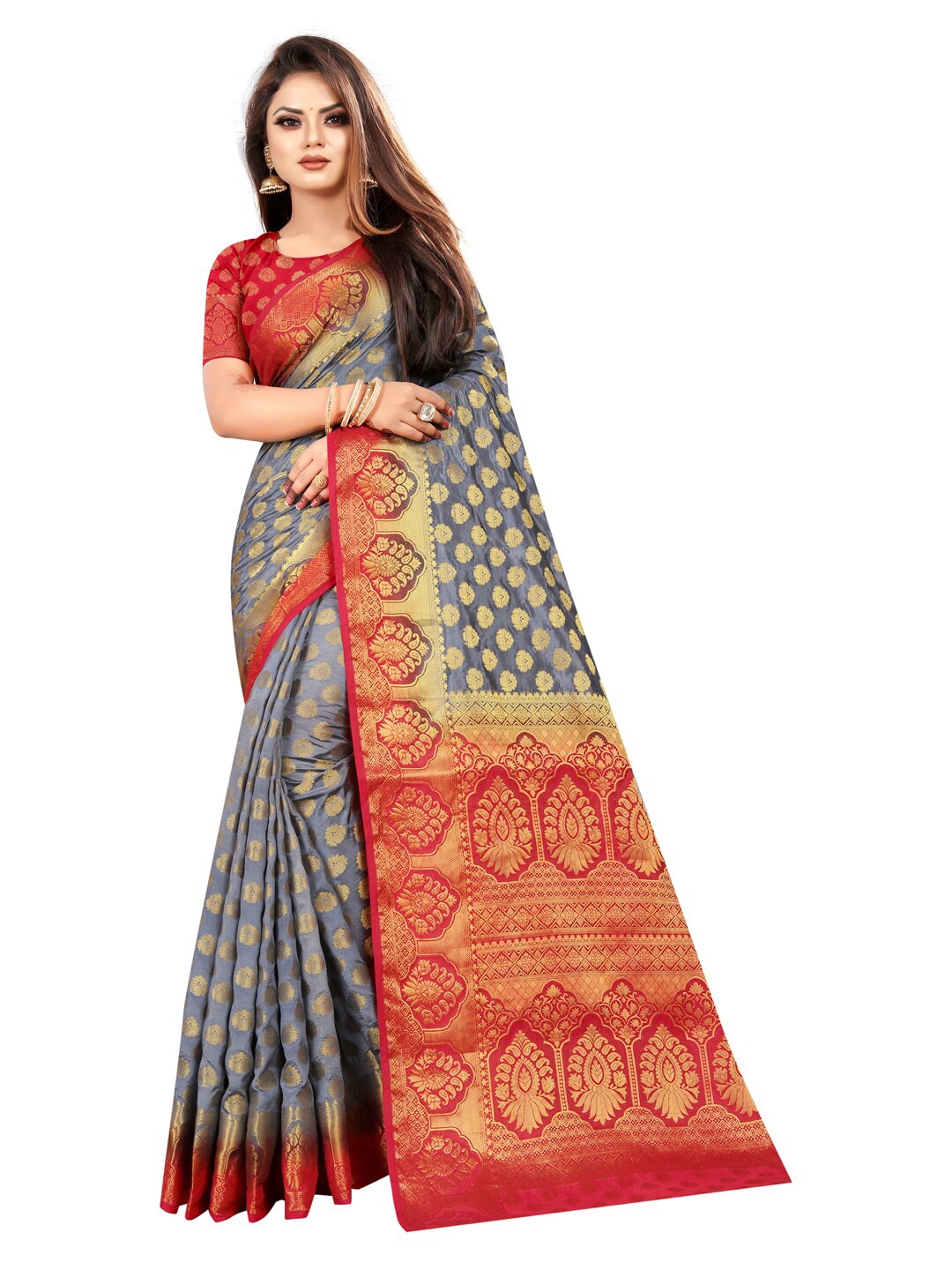 

PERFECT WEAR Grey & Red Ethnic Motifs Silk Cotton Banarasi Saree