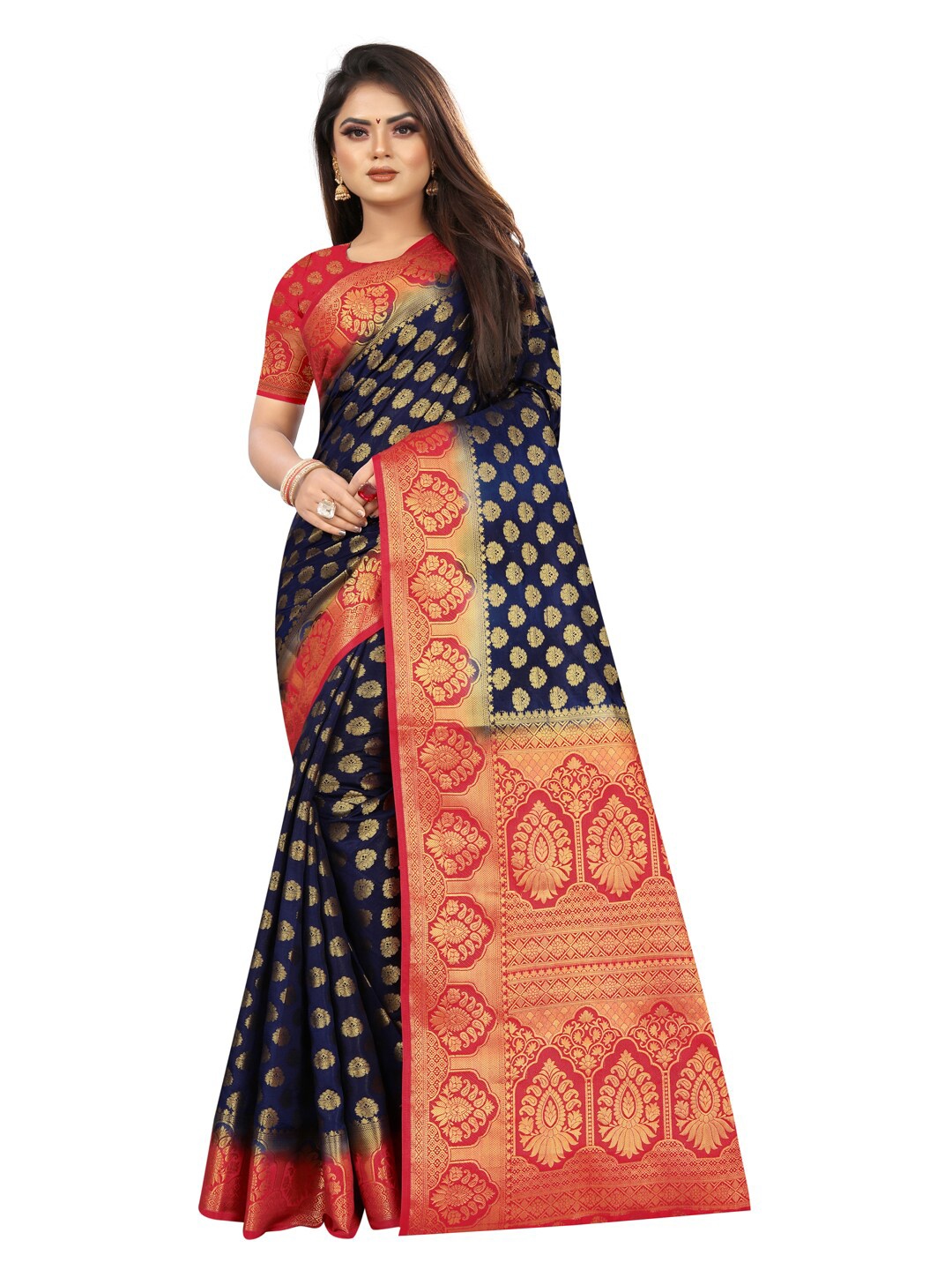 

PERFECT WEAR Blue & Pink Woven Design Zari Silk Cotton Banarasi Saree