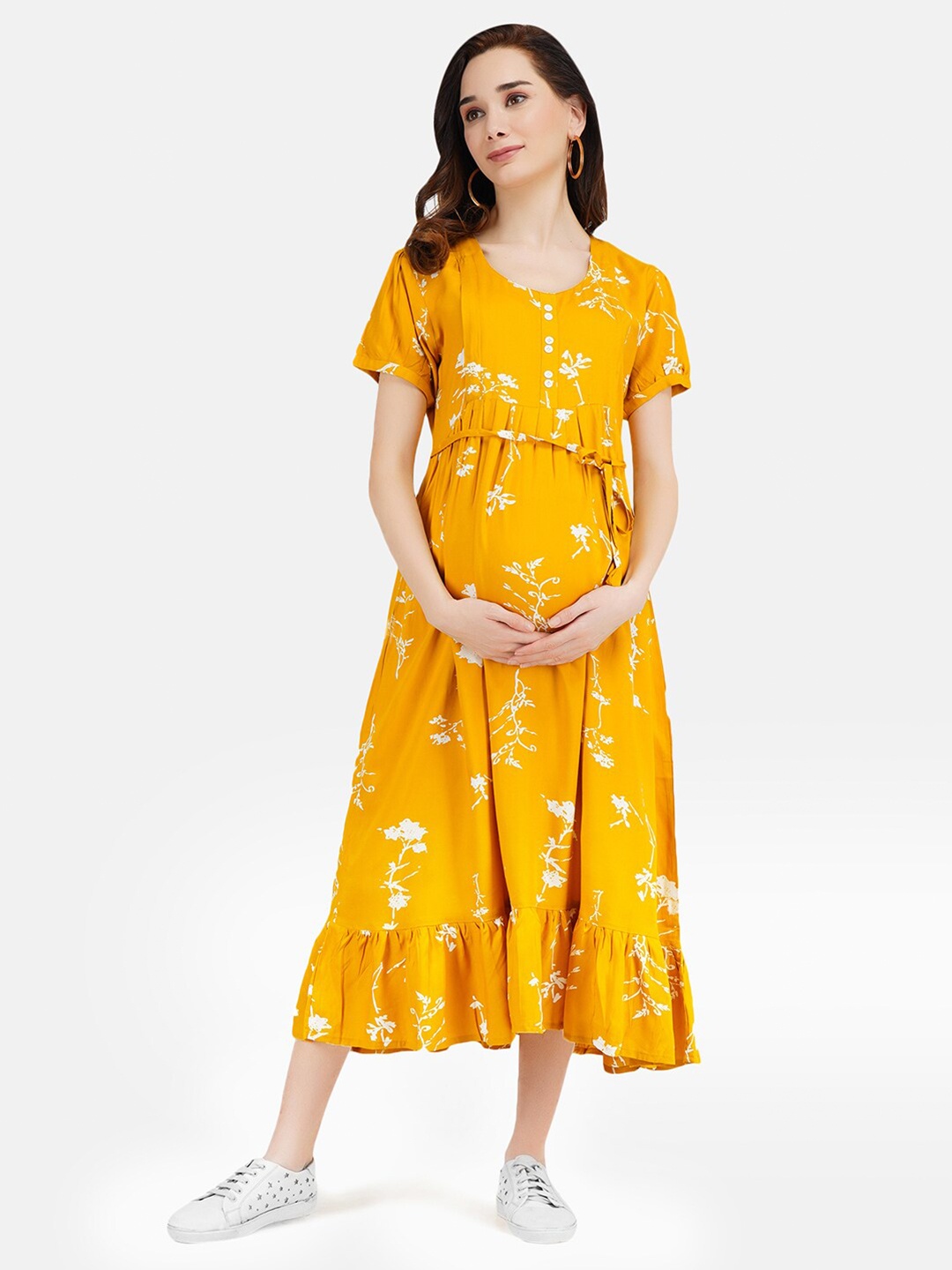 

KOI SLEEPWEAR Mustard Yellow & White Floral Maternity Midi Dress With Feeding Pockets