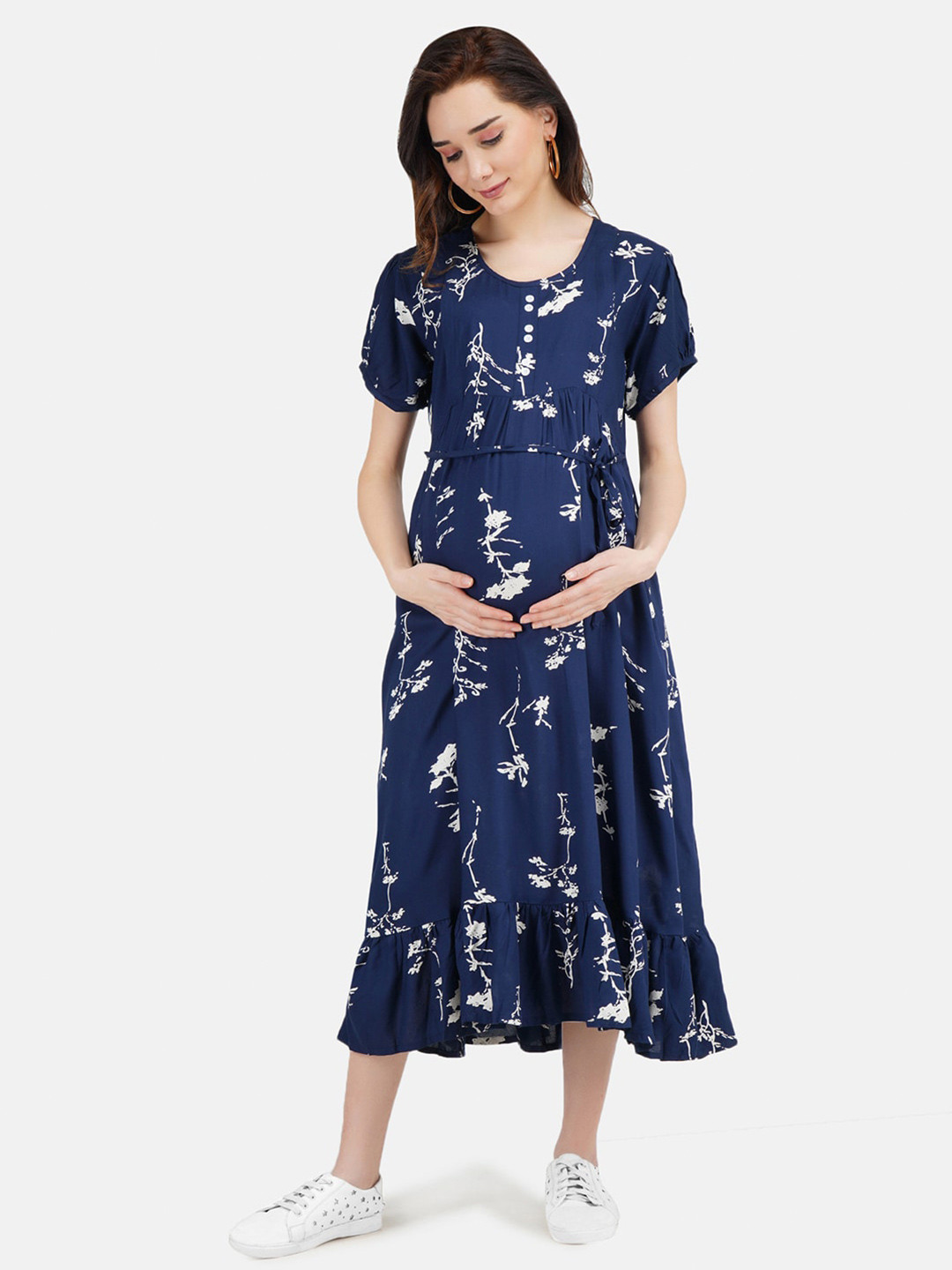 

KOI SLEEPWEAR Navy Blue & White Floral Maternity A-Line Midi Dress