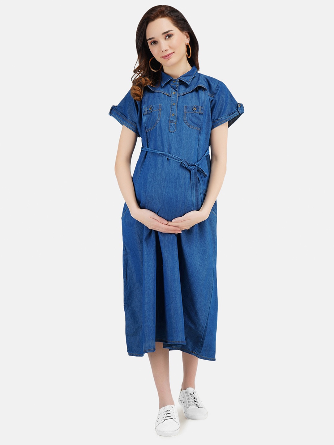 

KOI SLEEPWEAR Blue Denim Maternity Shirt Cotton Midi Dress with Feeding Pocket