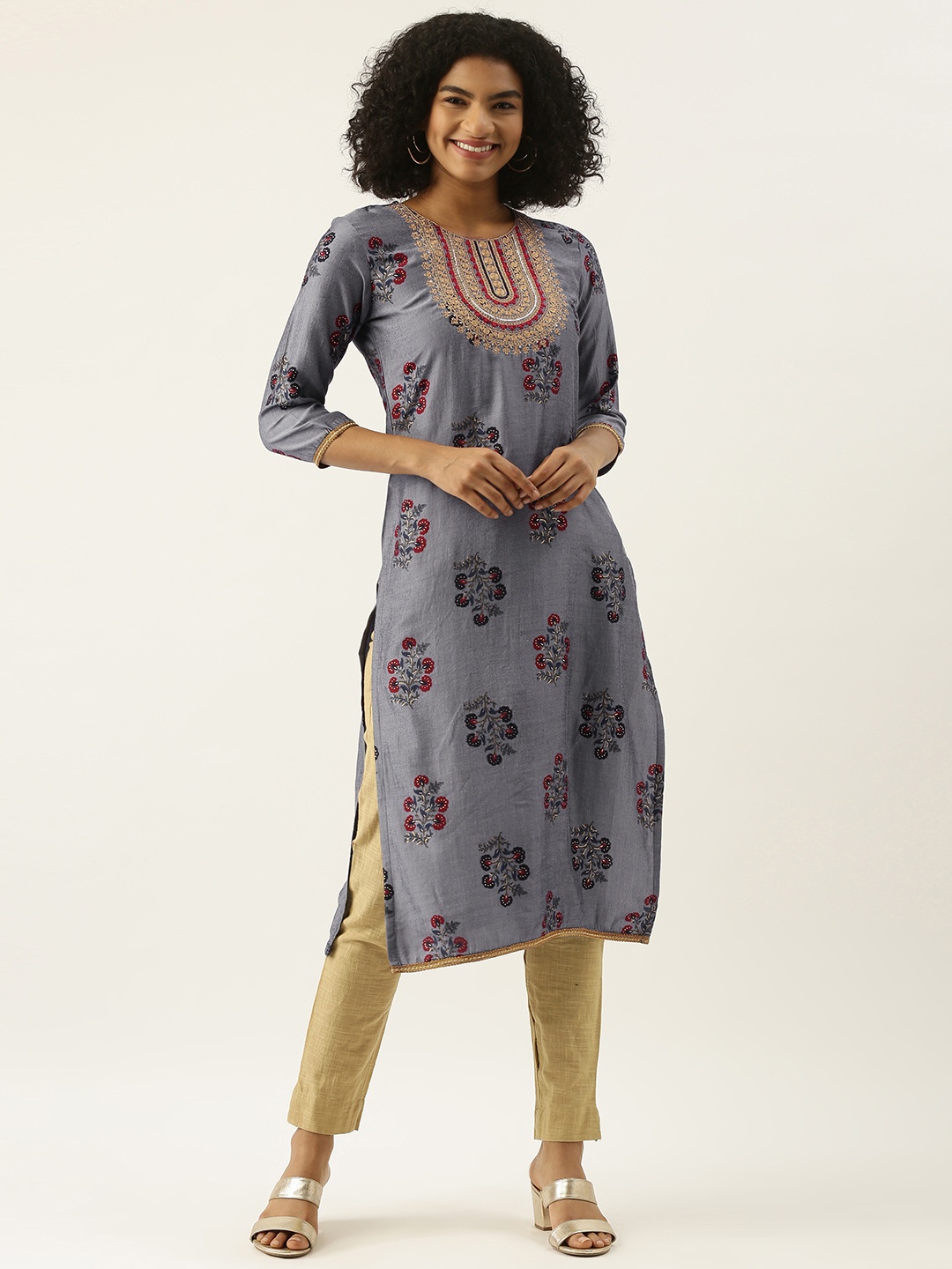 

SWAGG INDIA Women Grey & Maroon Ethnic Motifs Printed Thread Work Kurta