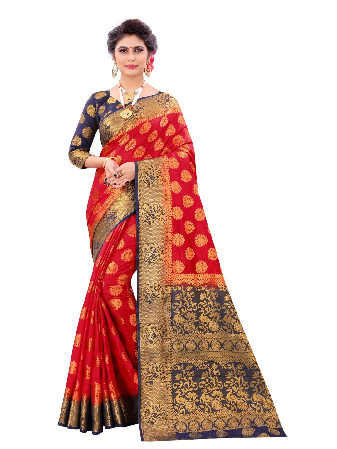 

PERFECT WEAR Red & Blue Ethnic Motifs Zari Silk Cotton Banarasi Saree