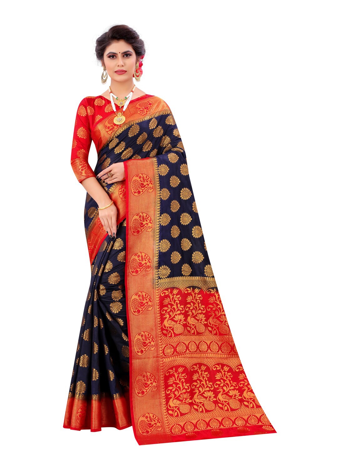 

PERFECT WEAR Navy Blue & Red Ethnic Motifs Zari Banarasi Saree