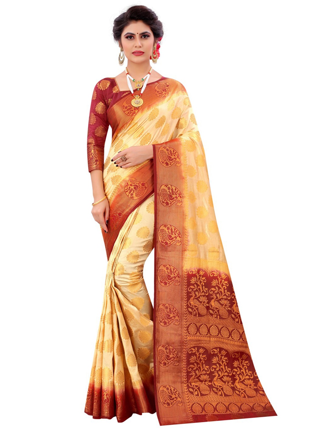 

PERFECT WEAR Beige & Maroon Woven Design Zari Silk Cotton Banarasi Saree