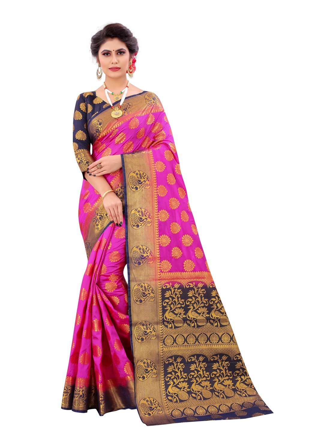 

PERFECT WEAR Pink & Blue Ethnic Motifs Silk Cotton Banarasi Saree