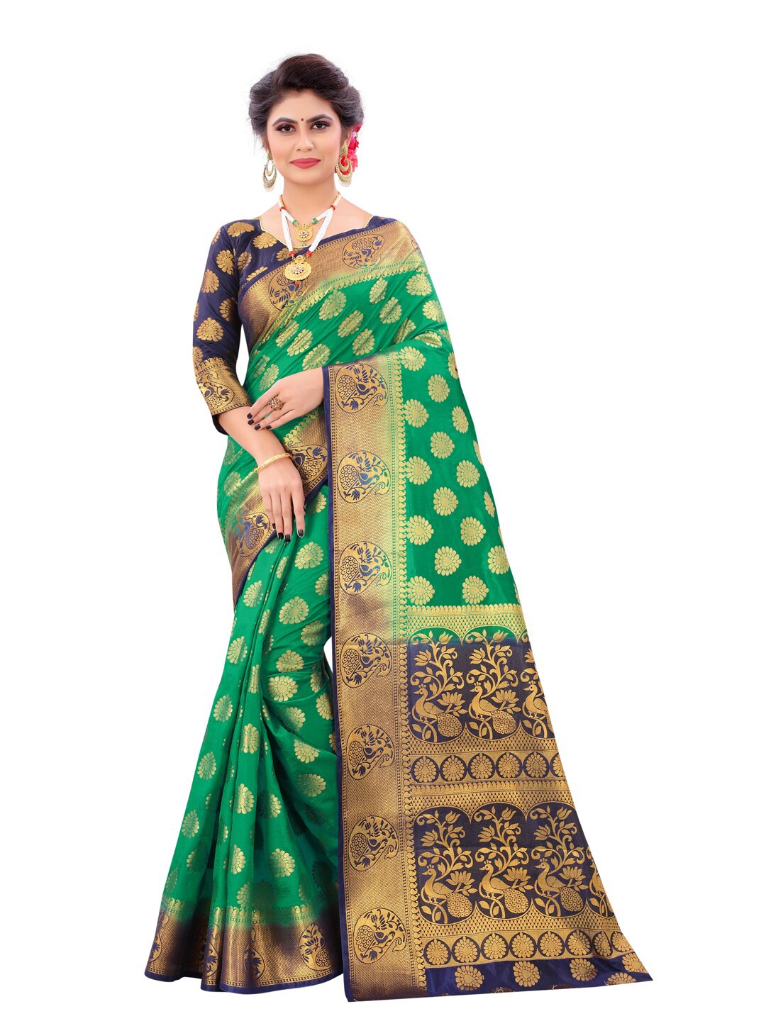 

PERFECT WEAR Green & Navy Blue Ethnic Motifs Zari Banarasi Saree