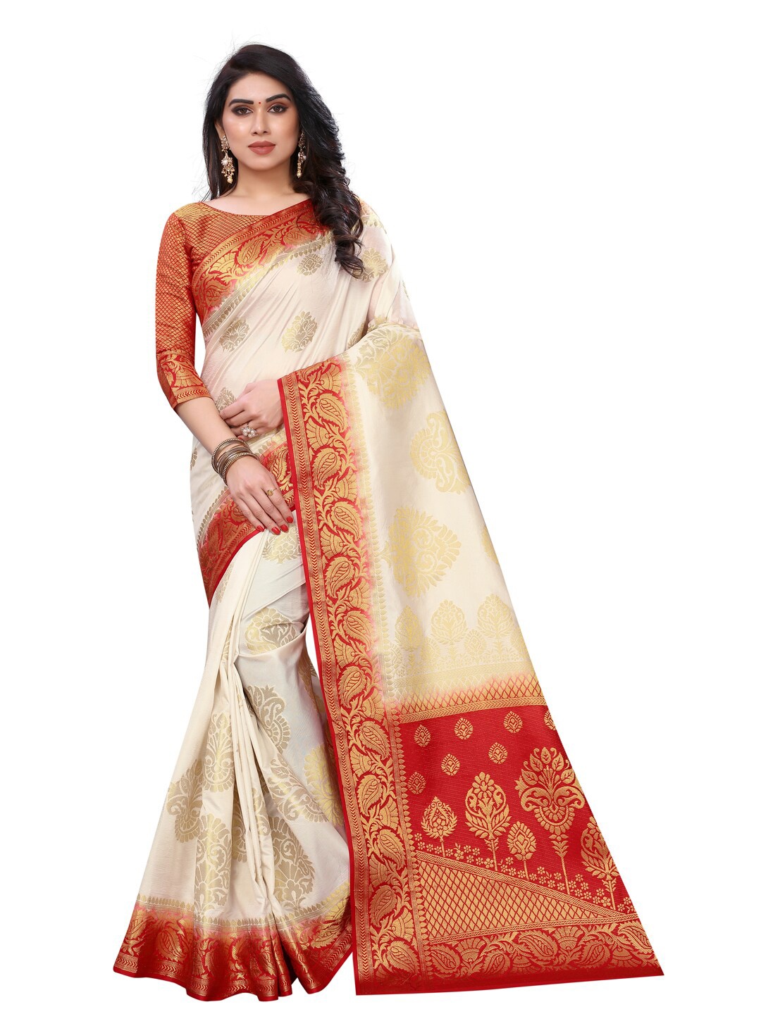 

PERFECT WEAR White & Red Ethnic Motifs Zari Banarasi Saree