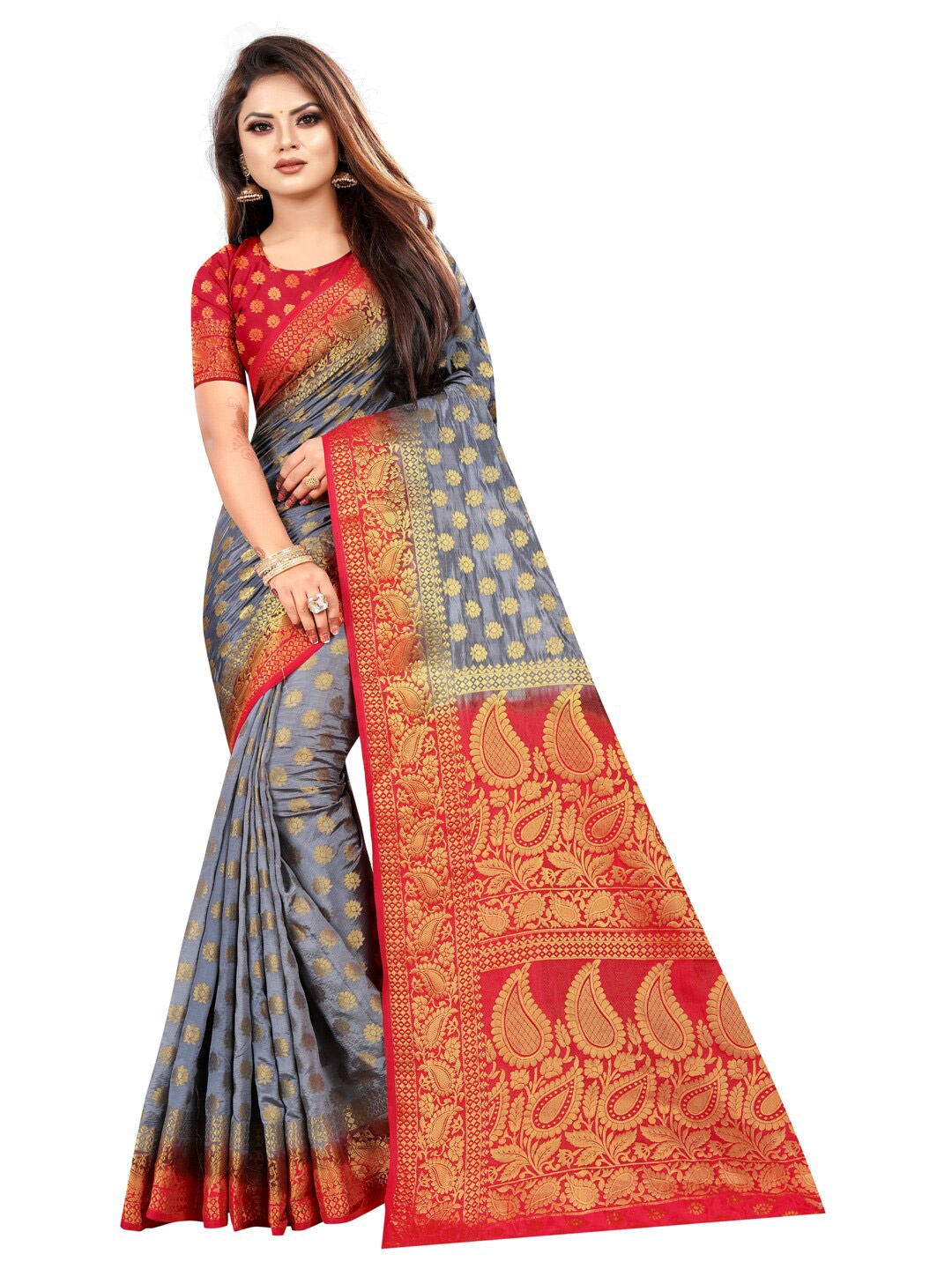 

PERFECT WEAR Grey & Red Ethnic Motifs Silk Cotton Banarasi Saree