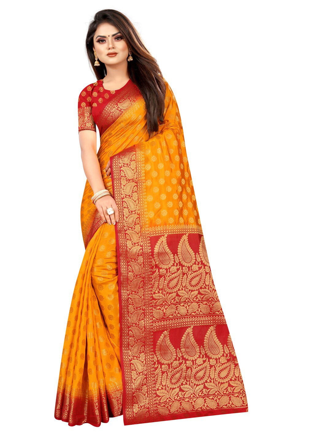 

PERFECT WEAR Orange & Red Woven Design Zari Silk Cotton Banarasi Saree