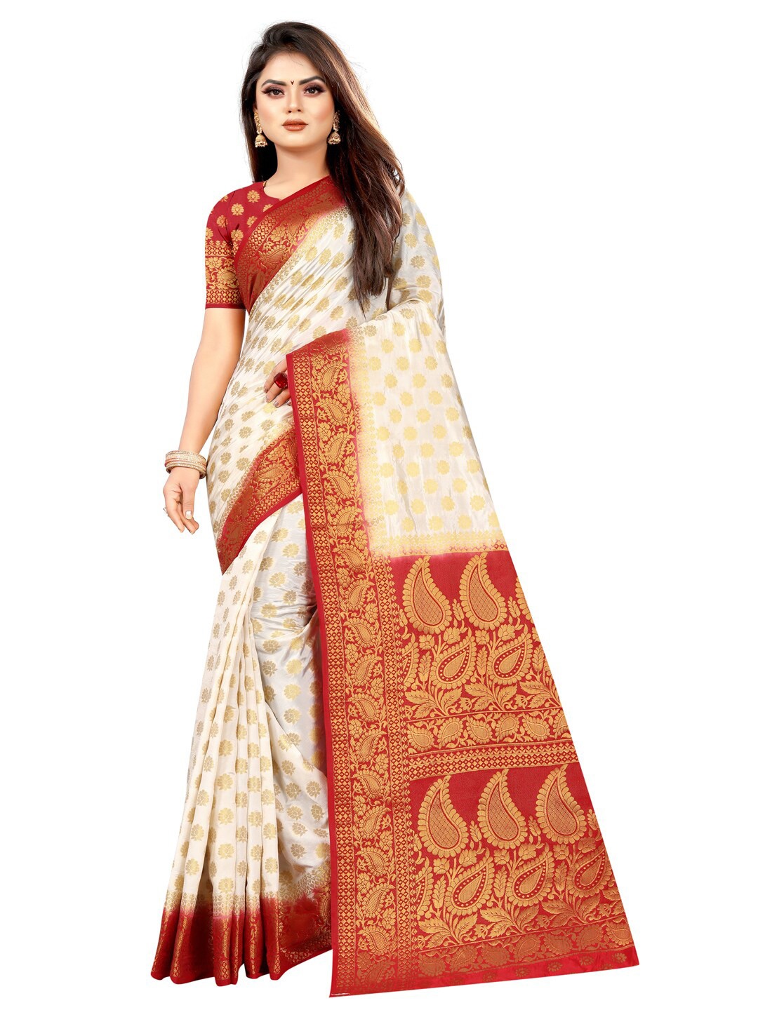 

PERFECT WEAR White & Red Ethnic Motifs Zari Silk Cotton Banarasi Saree