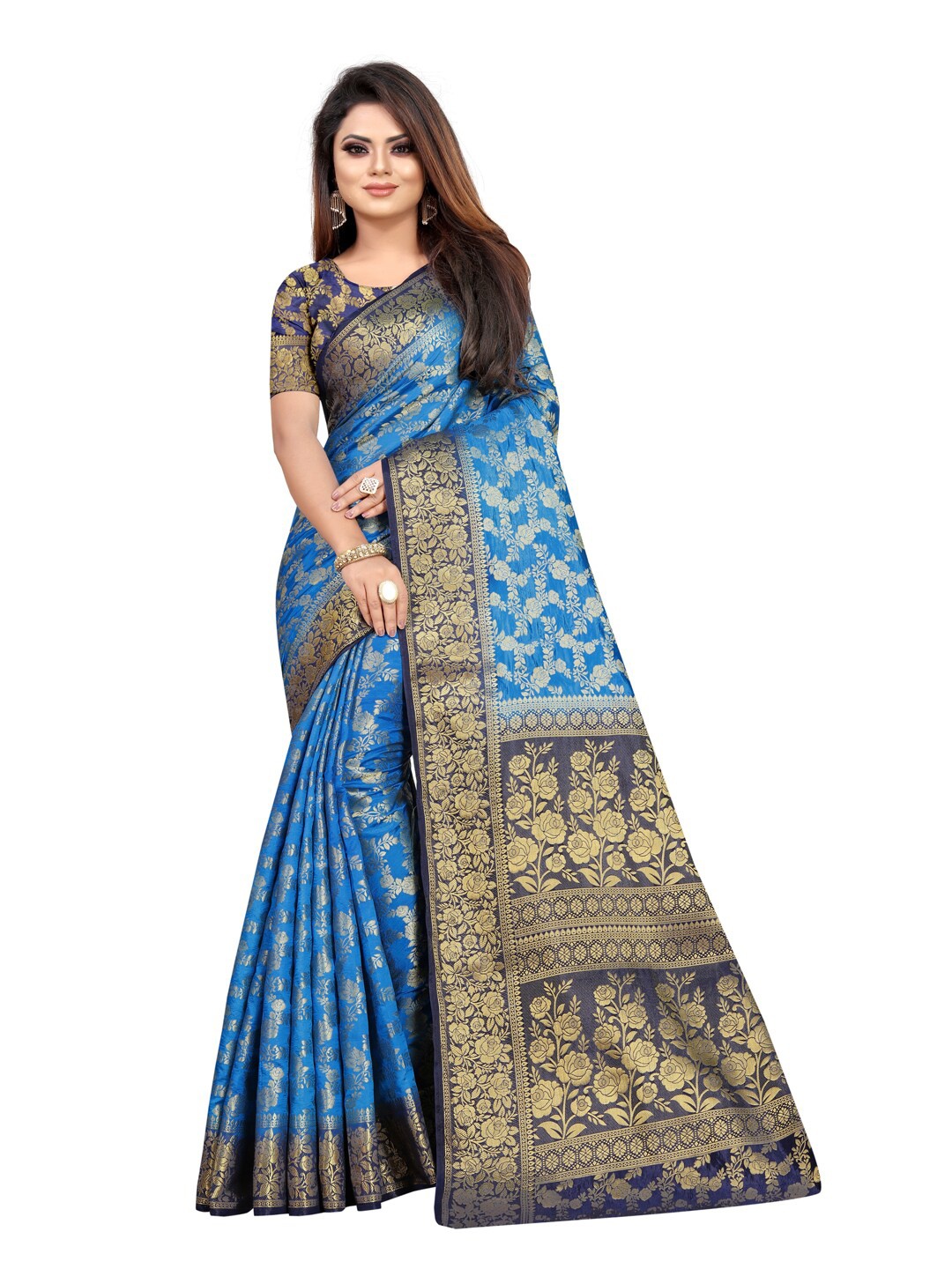 

PERFECT WEAR Blue & Gold-Toned Ethnic Motifs Zari Silk Cotton Banarasi Saree