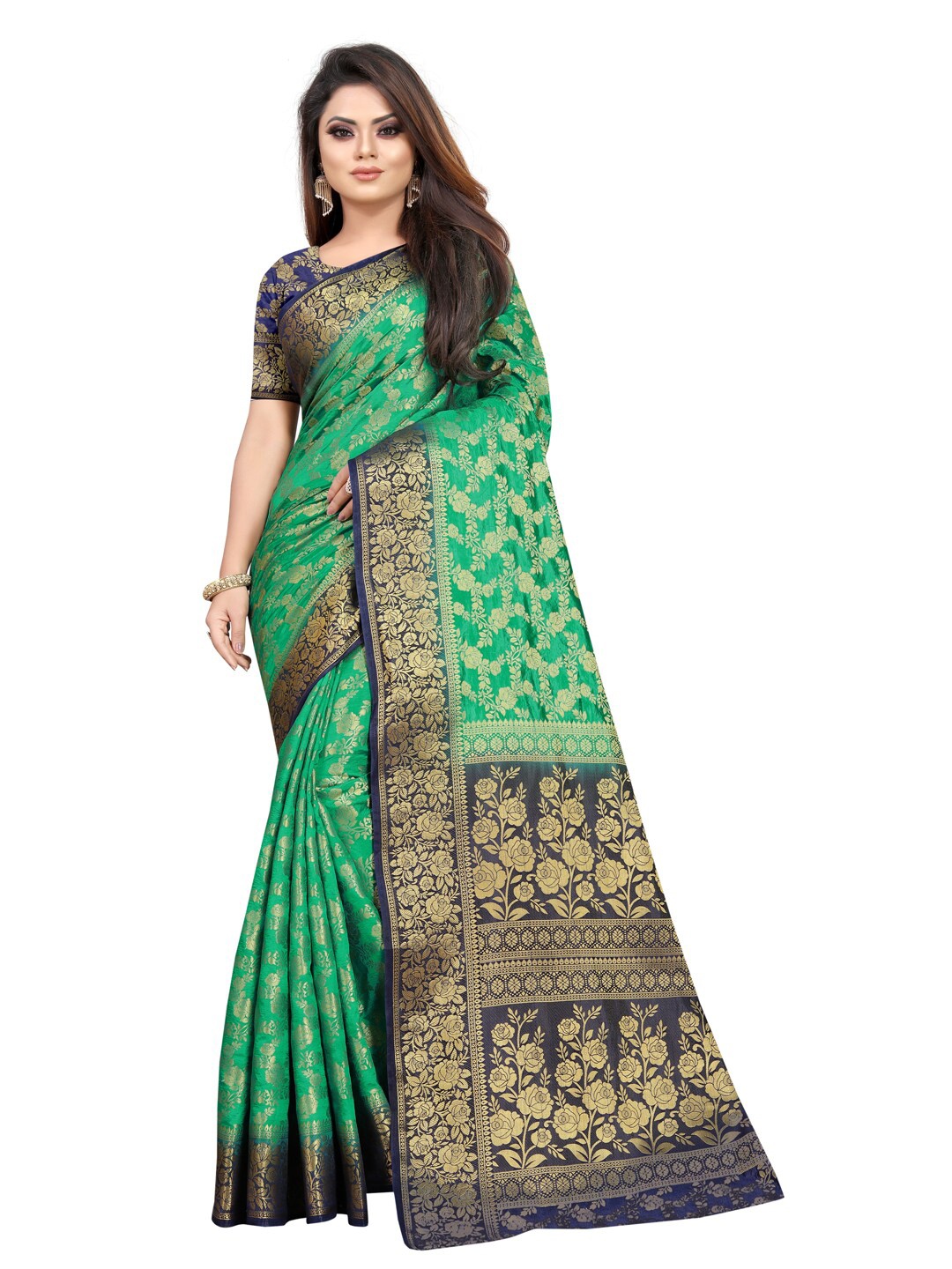 

PERFECT WEAR Green & Blue Ethnic Motifs Zari Silk Cotton Banarasi Saree