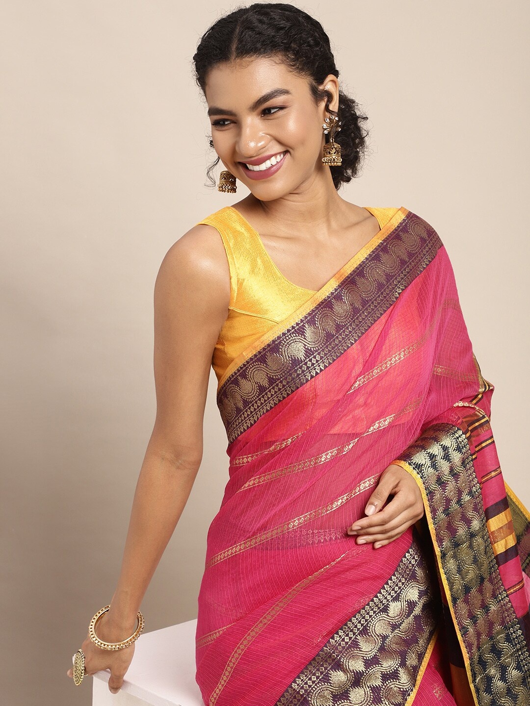

Leeza Store Pink & Gold-Toned Woven Design Zari Taant Saree