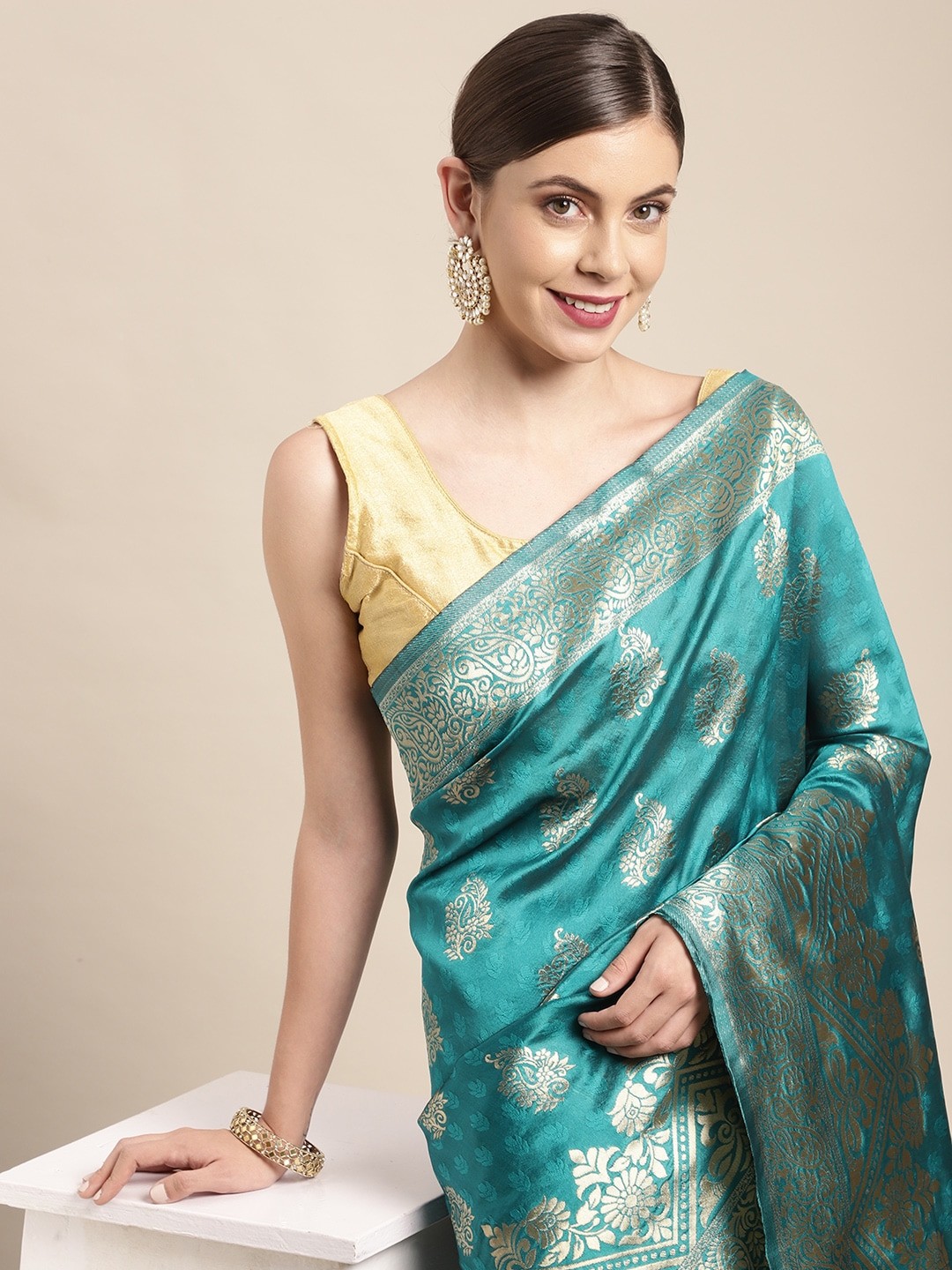 

Leeza Store Turquoise Blue Woven Design Zari Silk Blend Banarasi Saree
