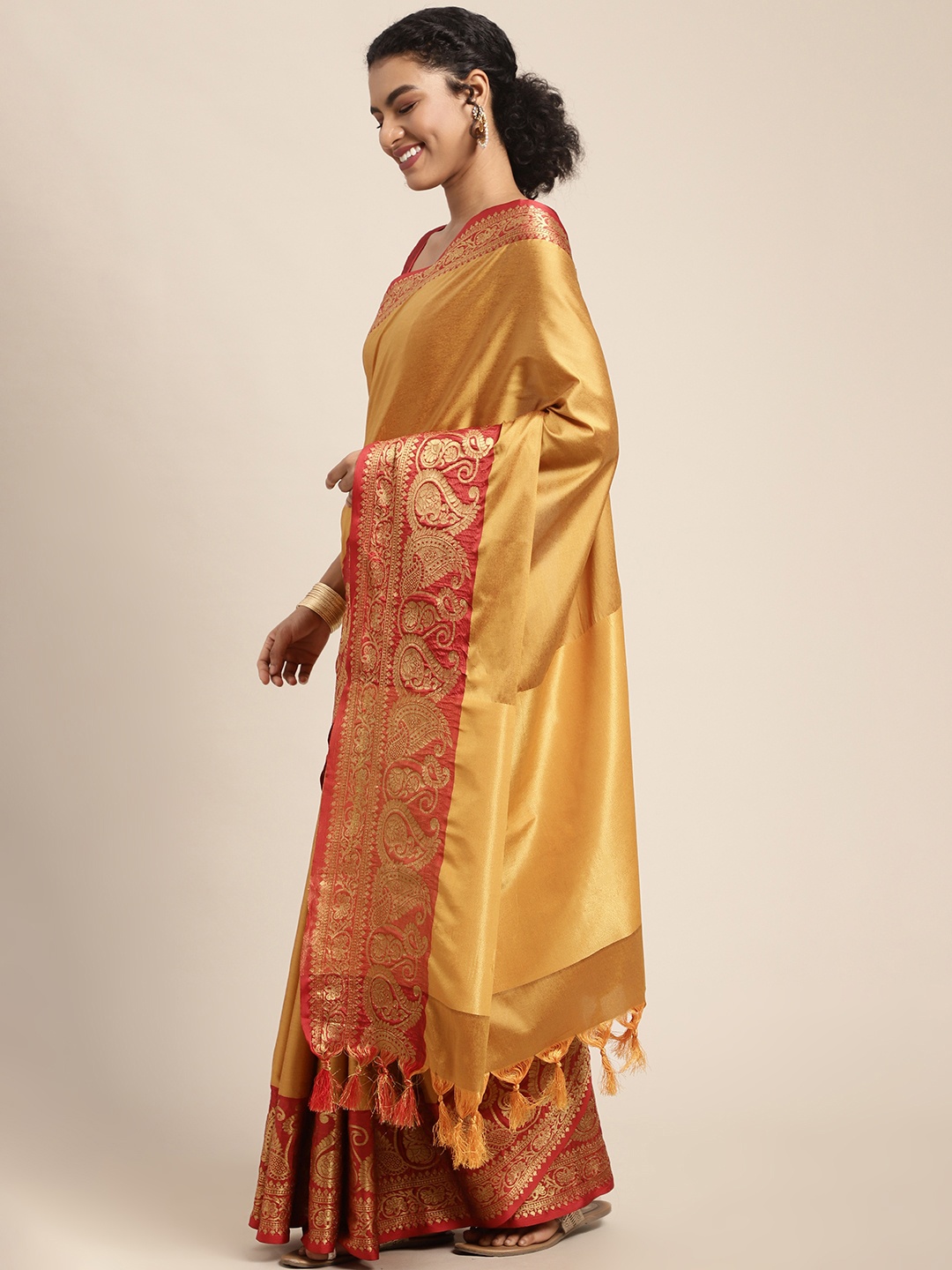 

Leeza Store Mustard Yellow & Red Zari Silk Blend Banarasi Saree