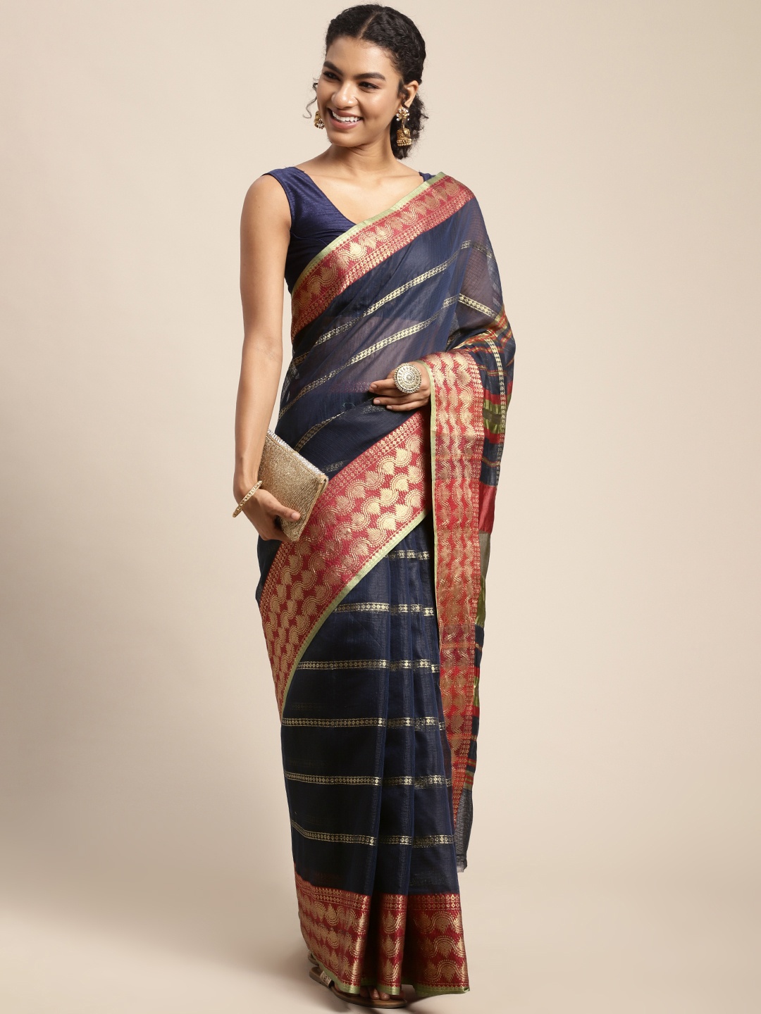 

Leeza Store Navy Blue & Red Woven Design Taant Saree