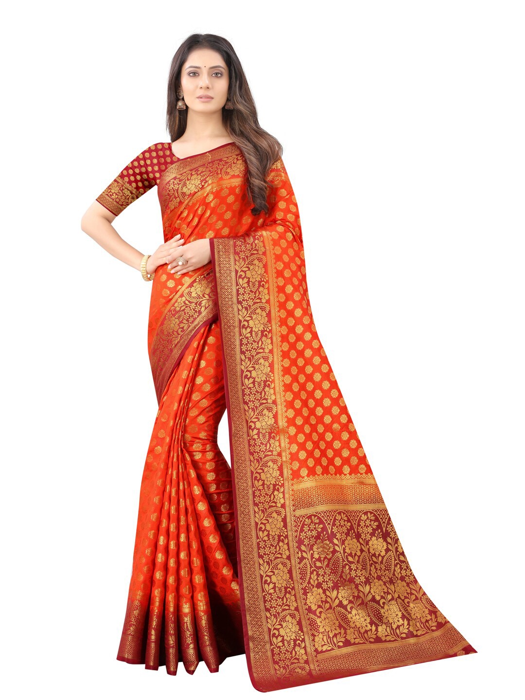 

PERFECT WEAR Maroon & Orange Floral Zari Silk Cotton Banarasi Saree