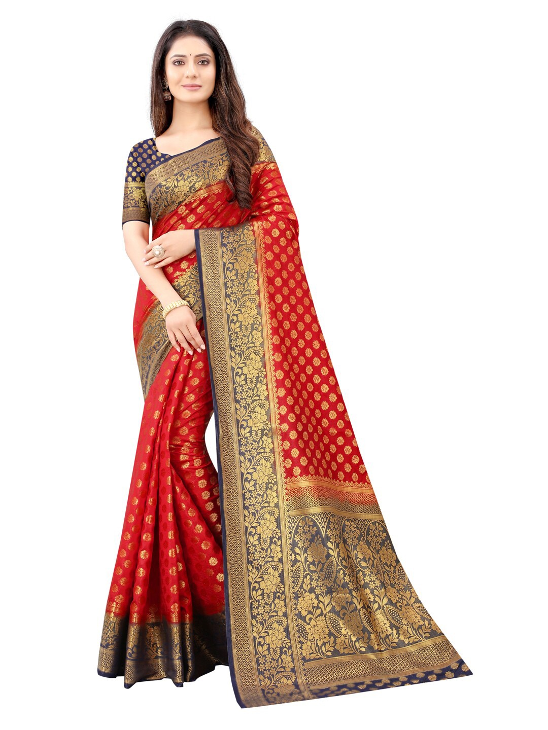 

PERFECT WEAR Red & Navy Blue Woven Design Zari Silk Cotton Banarasi Saree