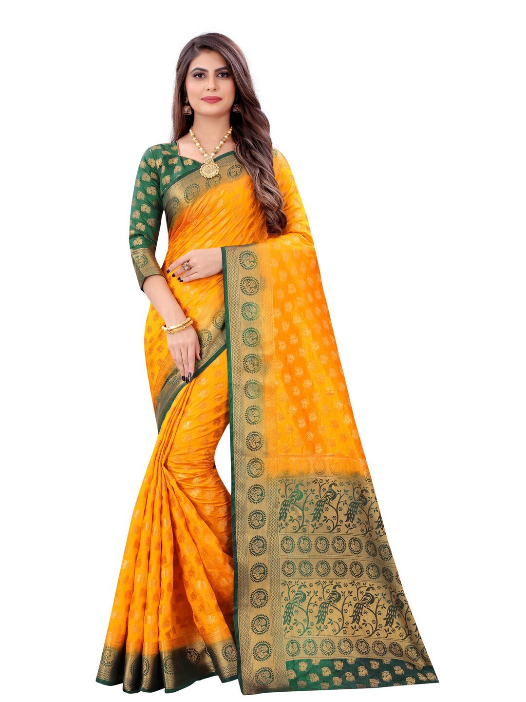 

PERFECT WEAR Mustard & Green Woven Design Zari Silk Cotton Banarasi Saree