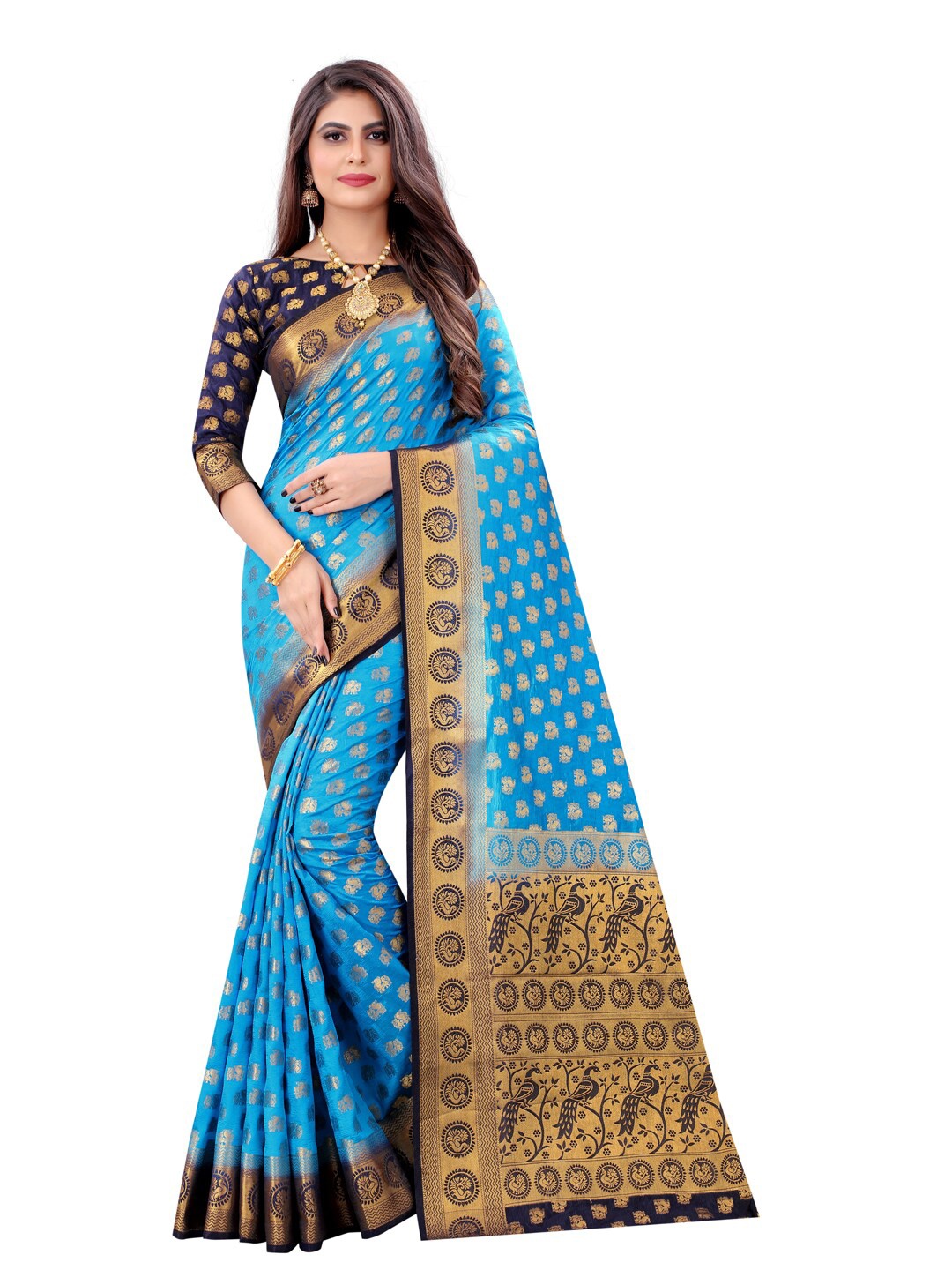 

PERFECT WEAR Blue & Gold-Toned Woven Design Zari Silk Cotton Banarasi Saree