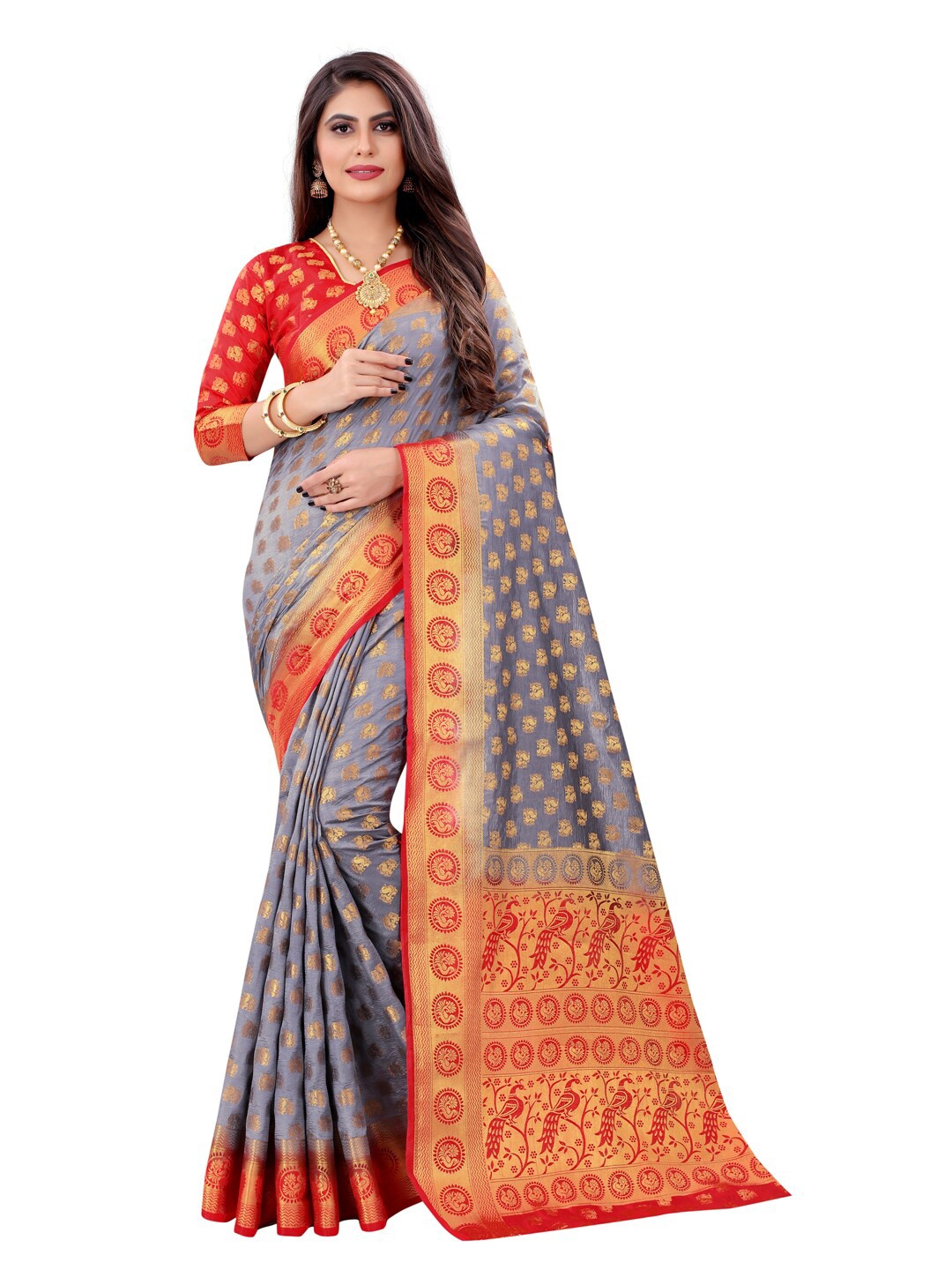 

PERFECT WEAR Grey & Red Woven Design Zari Silk Cotton Banarasi Saree