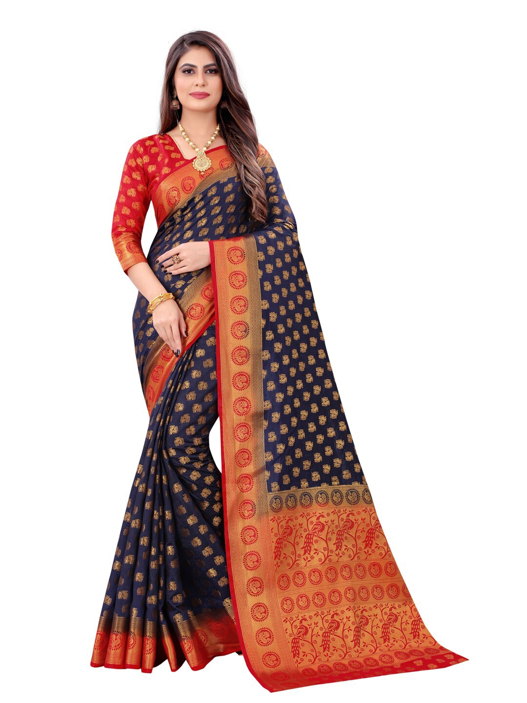 

PERFECT WEAR Navy Blue & Red Ethnic Motifs Zari Silk Cotton Banarasi Saree