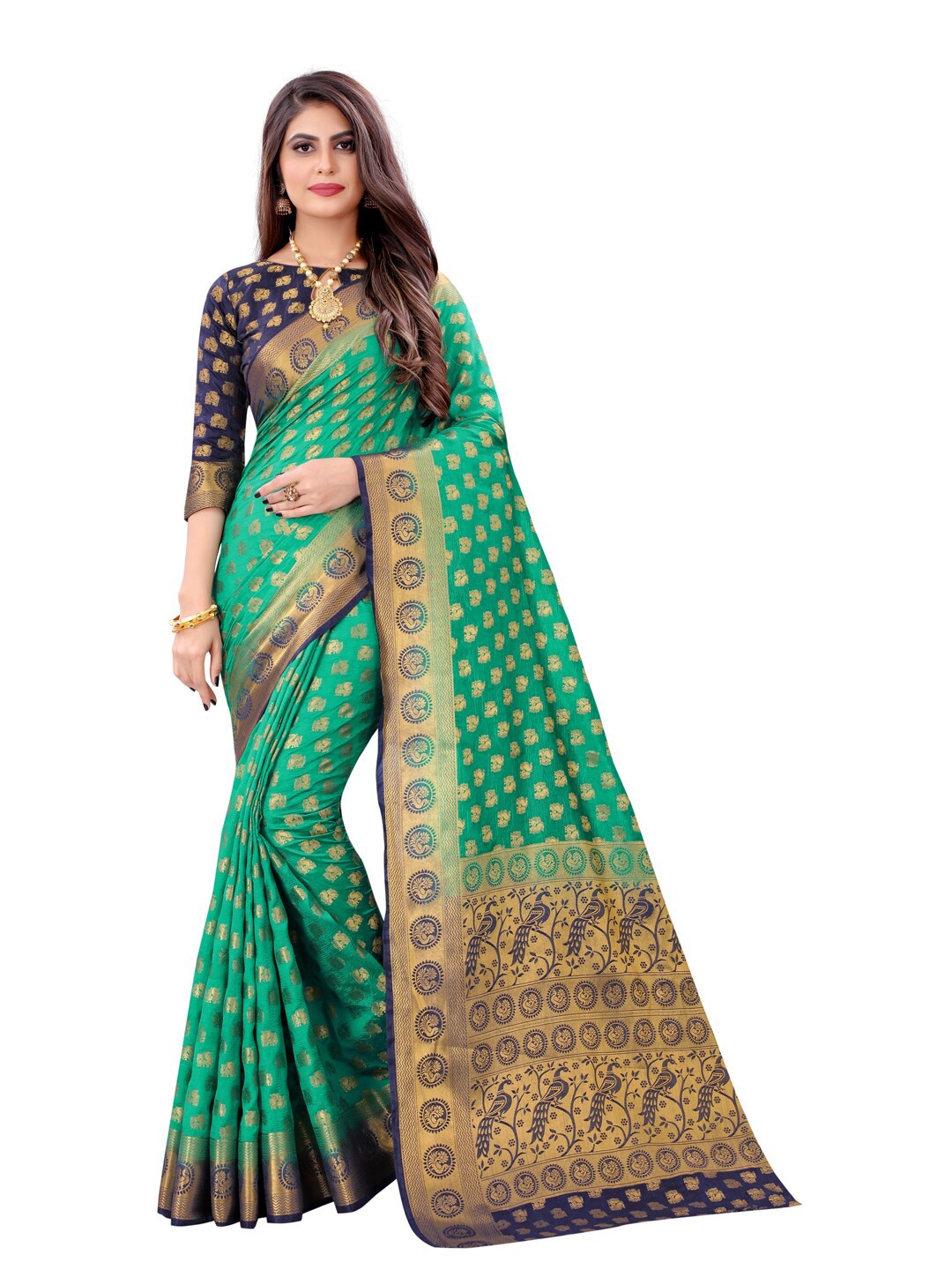 

PERFECT WEAR Green & Blue Ethnic Motifs Zari Silk Cotton Banarasi Saree