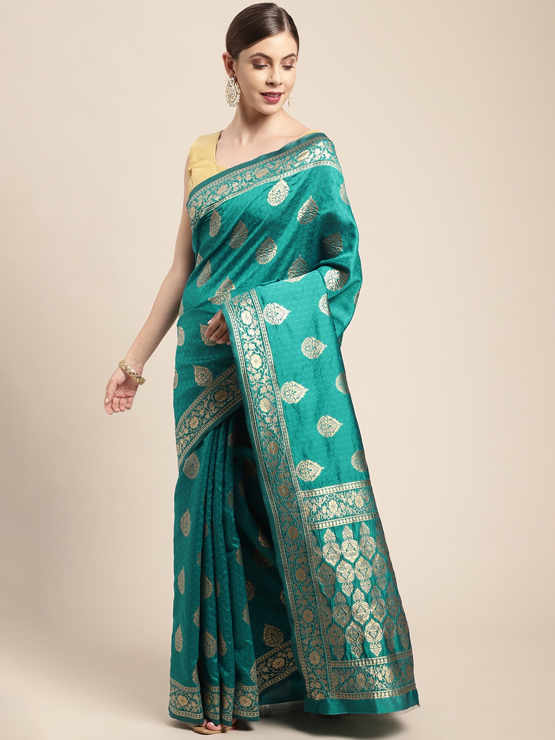 

Leeza Store Turquoise Blue Woven Design Silk Blend Banarasi Saree