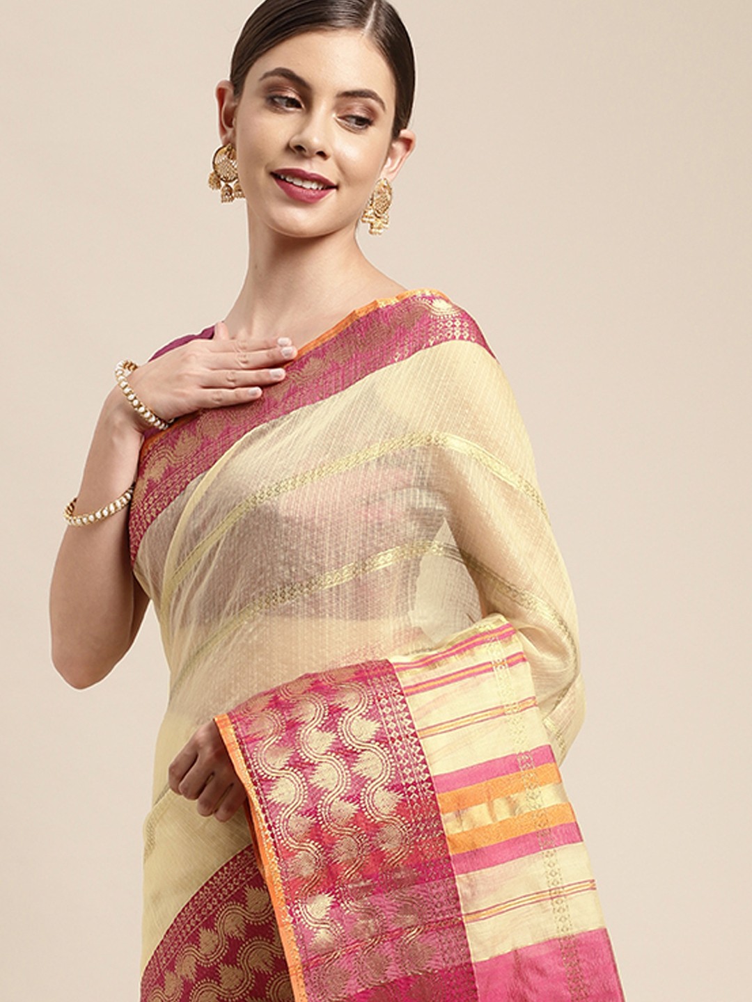

Leeza Store Cream-Coloured & Pink Woven Design Taant Saree