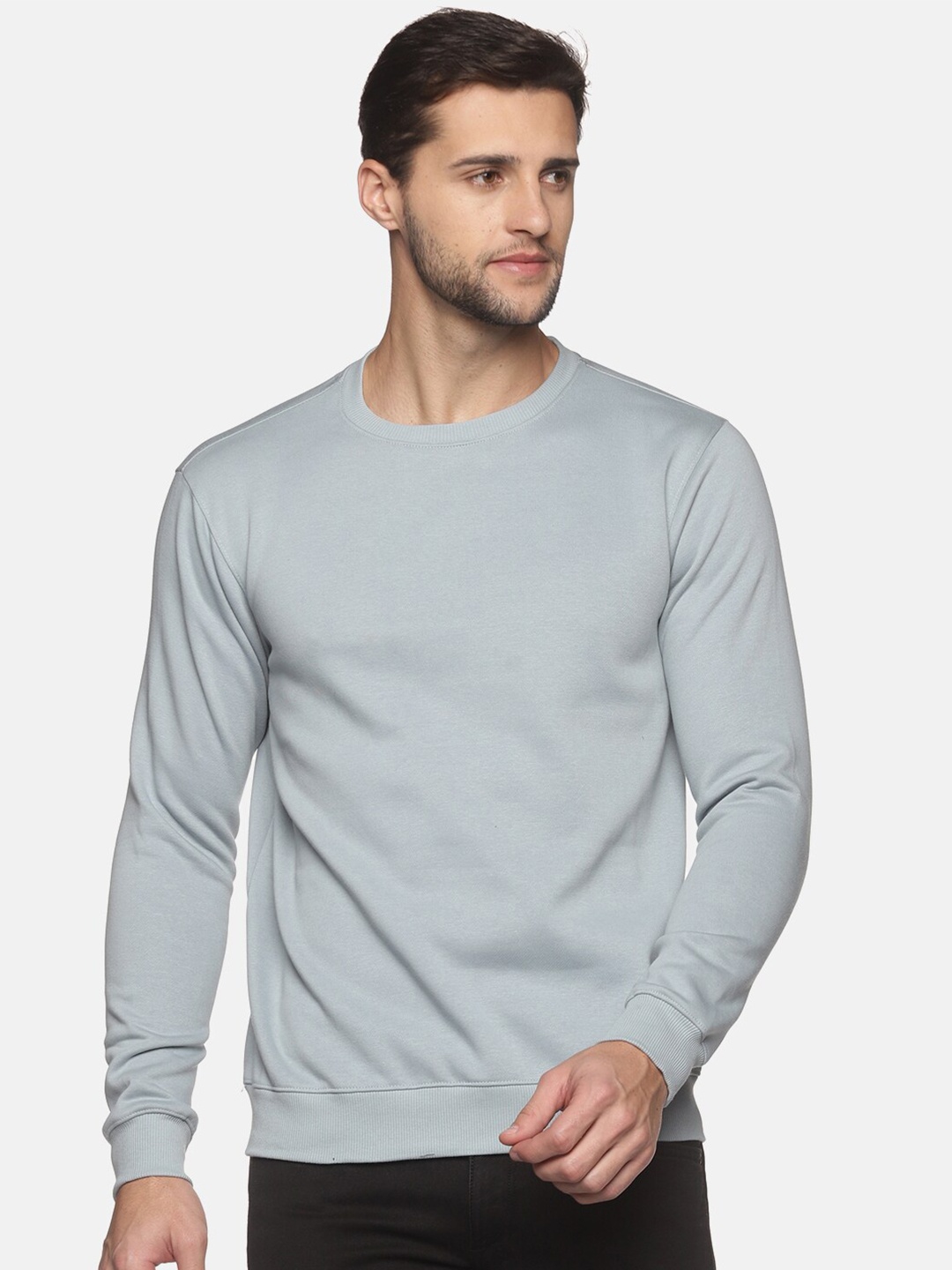 

THE BONTE Men Grey Solid Pure Cotton Sweatshirt