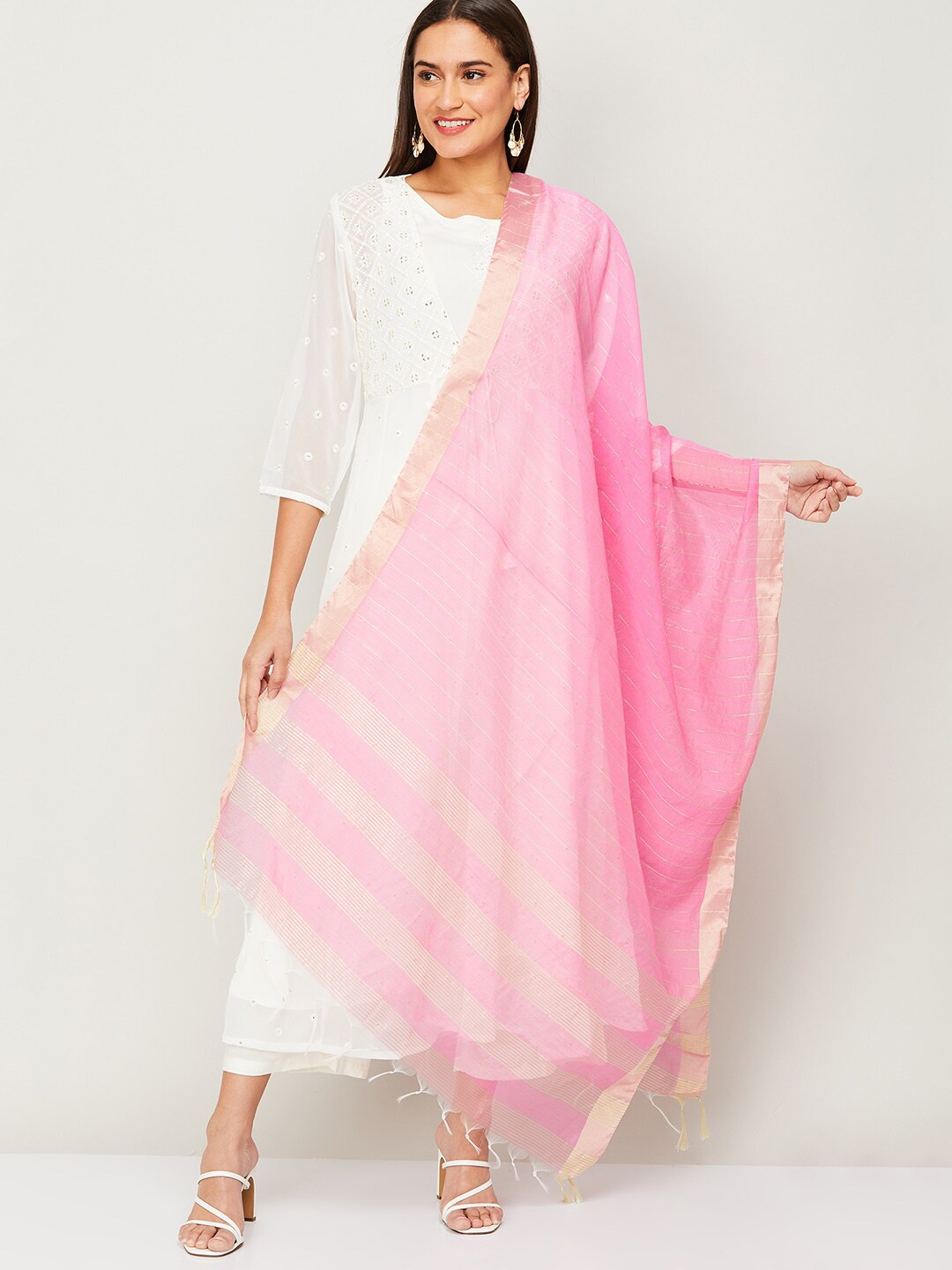 

Melange by Lifestyle Pink Striped Viscose Rayon Dupatta