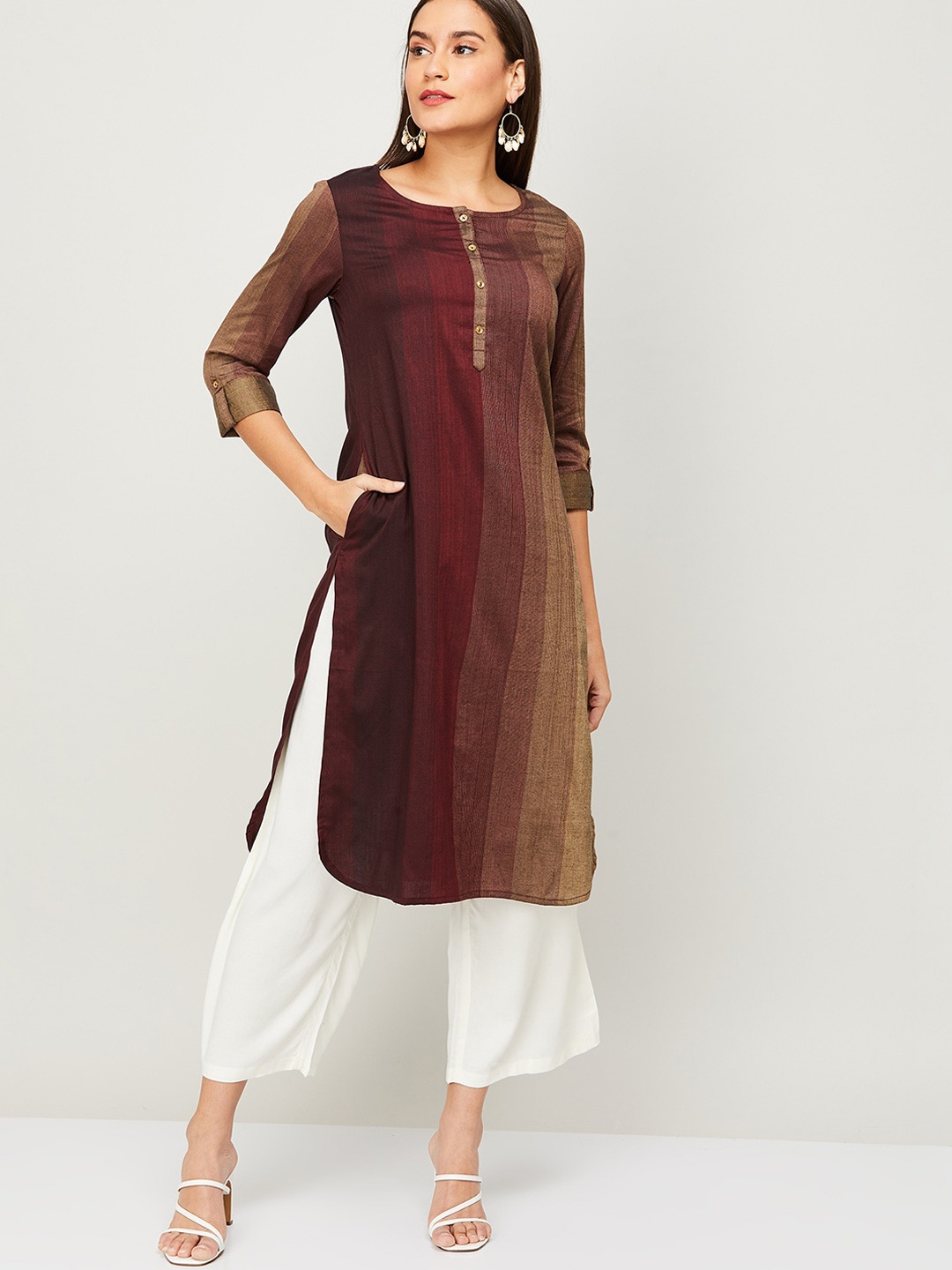 

Melange by Lifestyle Women Brown Striped Pathani Cotton Kurta