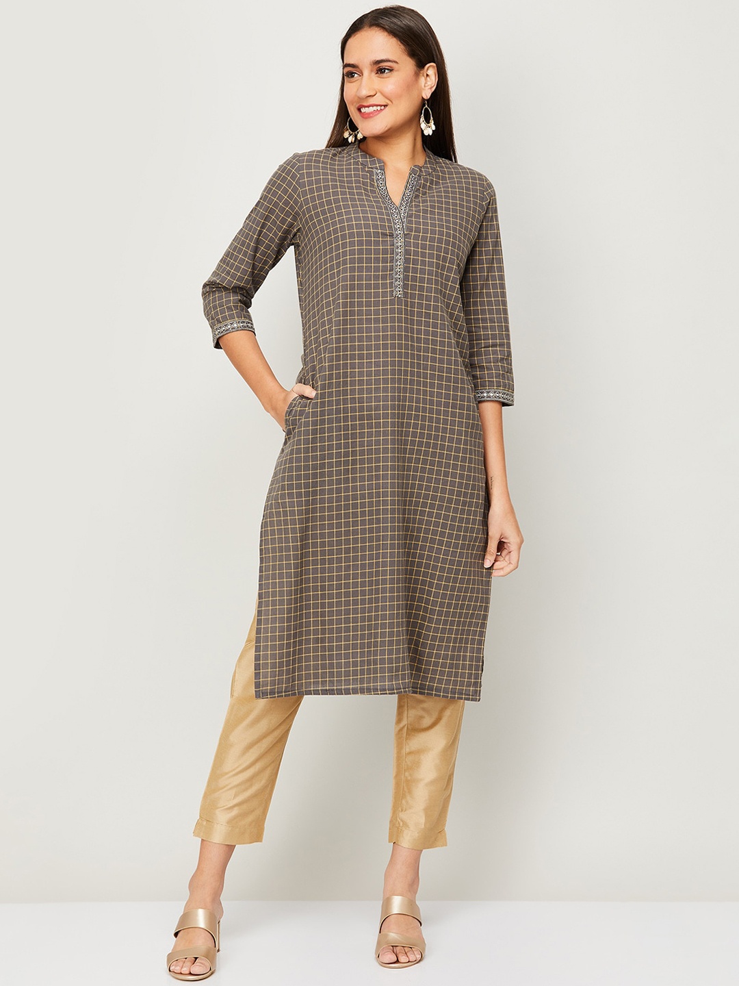 

Melange by Lifestyle Women Grey & Yellow Checked Kurta