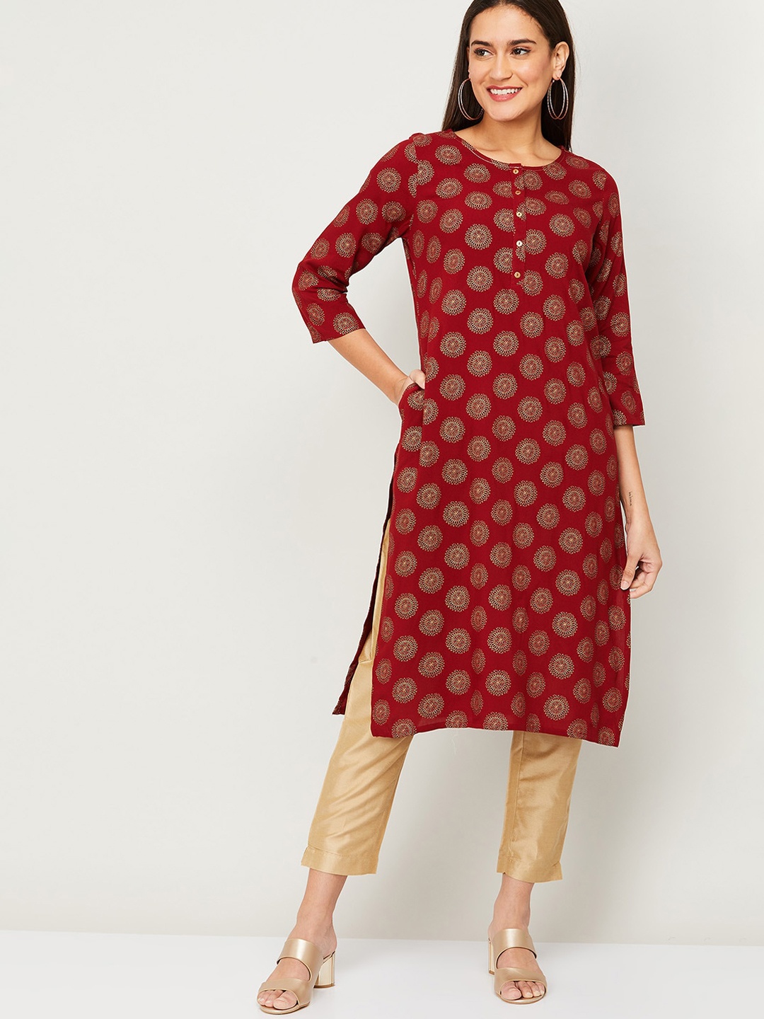 

Melange by Lifestyle Women Red & Beige Ethnic Motifs Printed Kurta