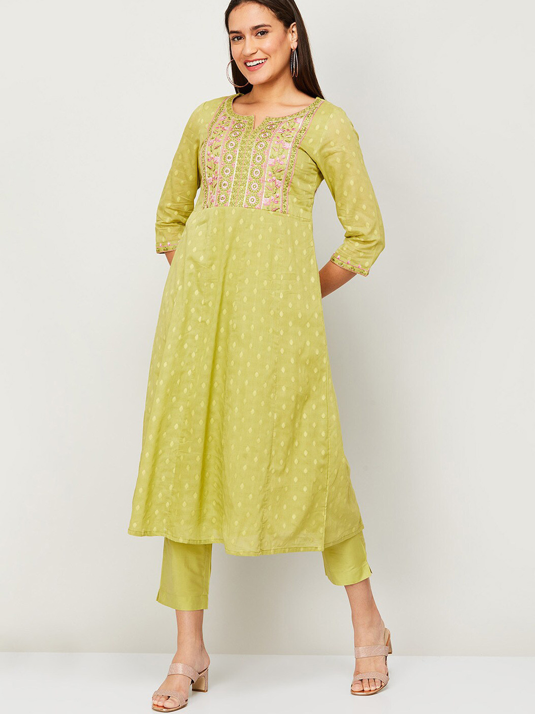 

Melange by Lifestyle Women Green Ethnic Motifs Embroidered Pleated Pure Cotton Kurti with Trousers & With