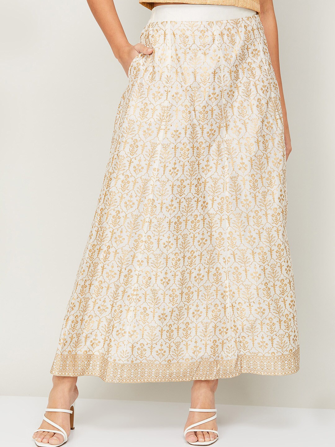 

Melange by Lifestyle Women White & Gold-Coloured Printed Maxi-Length Flared Skirt