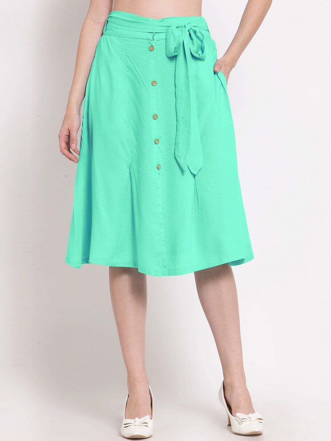

PATRORNA Women Teal Solid A-Line Knee Length Skirts