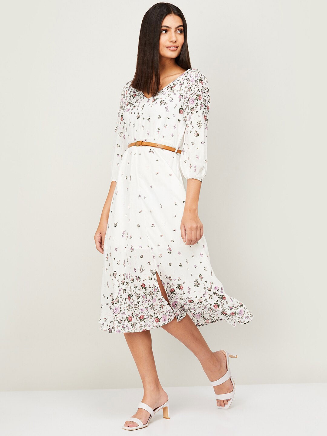 

CODE by Lifestyle White & Pink Floral A-Line Midi Dress